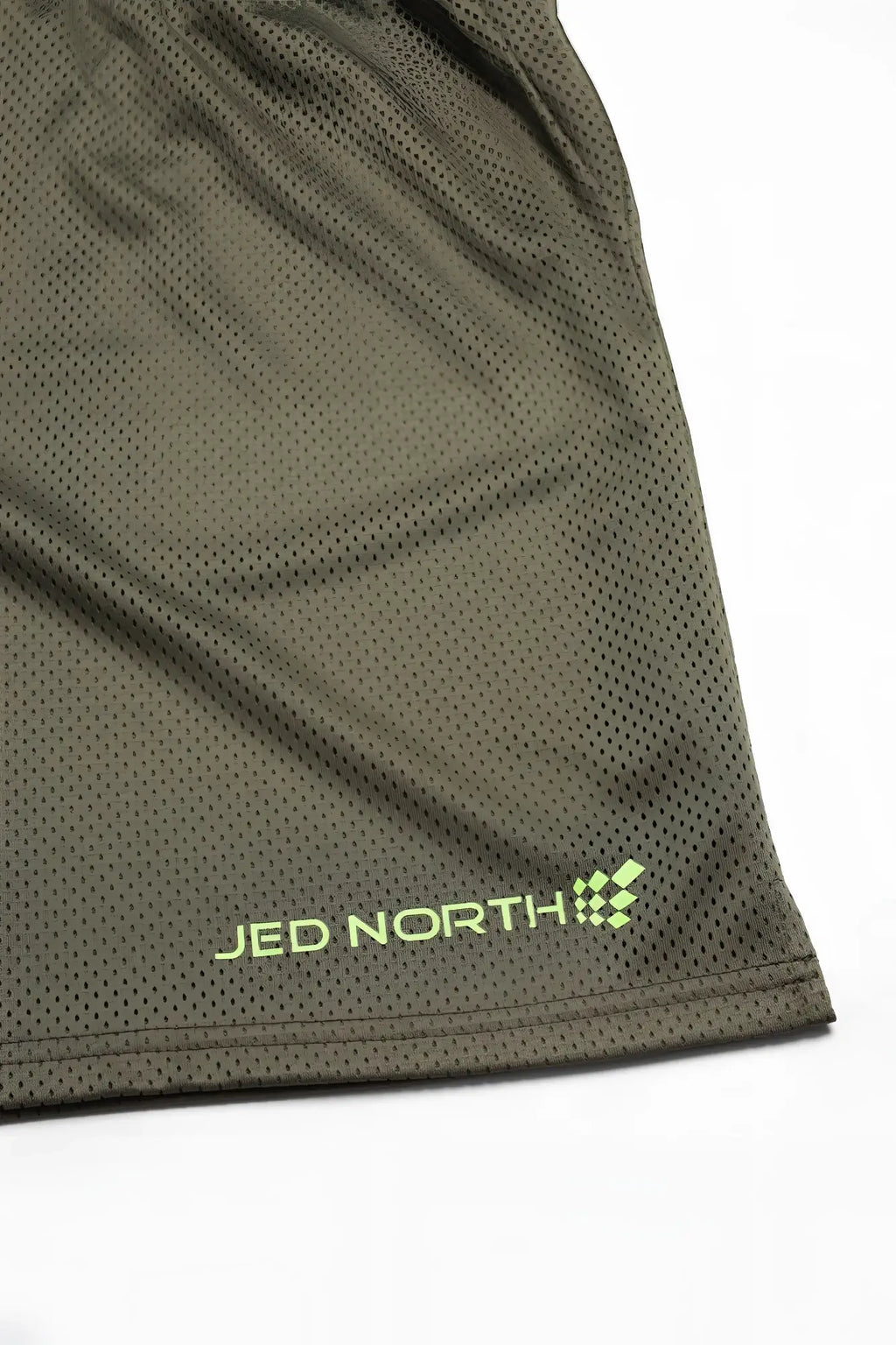 Olive green jed north jersey mesh 7.5 inch gym shorts with neon yellow logo stitched near the hem