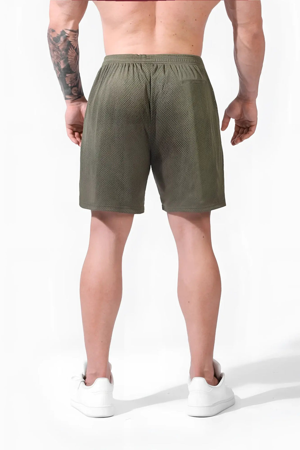 Jed North Jersey mesh 7.5 inch gym shorts in olive featuring breathable mesh fabric and an elastic waistband