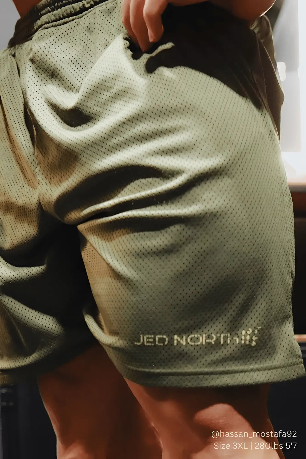 Olive green jed north jersey mesh 7.5 inch gym shorts with subtle gradient and logo embroidered on lower leg