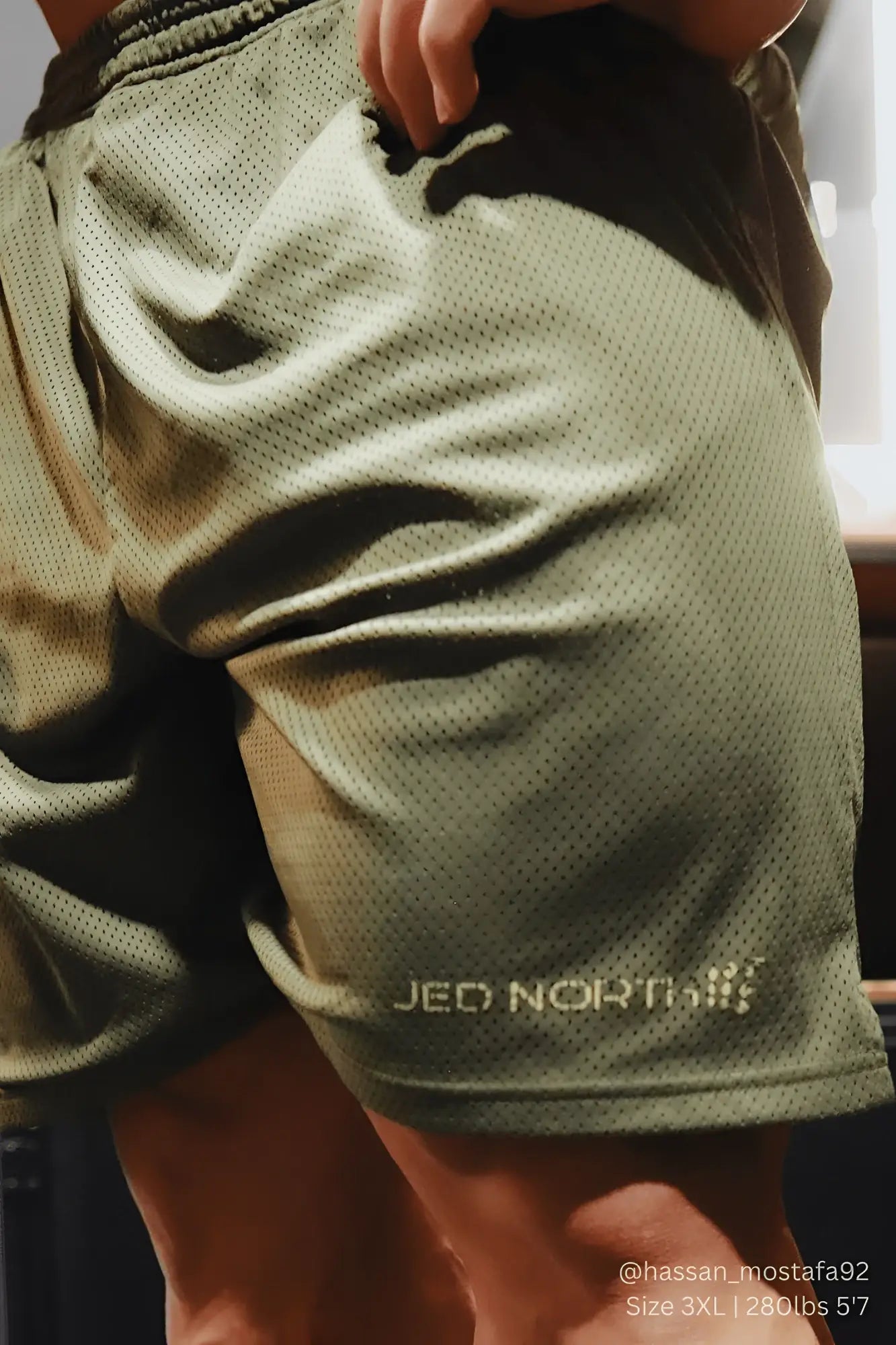 Olive green jed north jersey mesh 7.5 inch gym shorts with subtle gradient and logo embroidered on lower leg