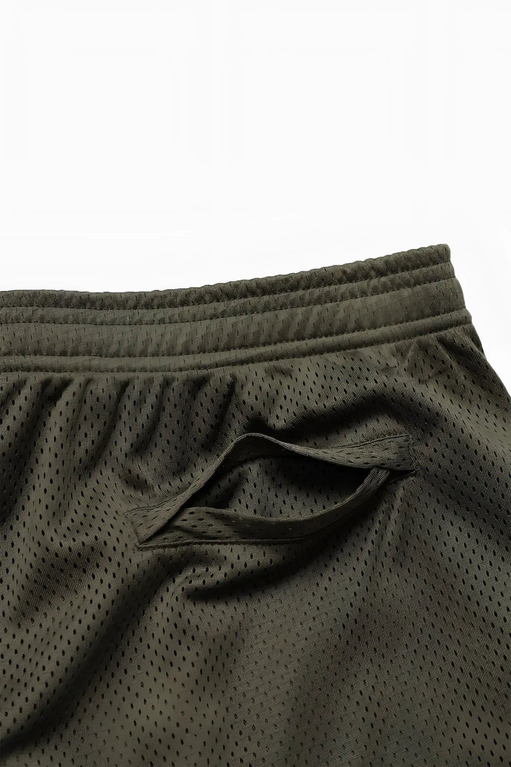 Jed North jersey mesh olive green gym shorts with ribbed elastic waistband and side pocket for athletic use