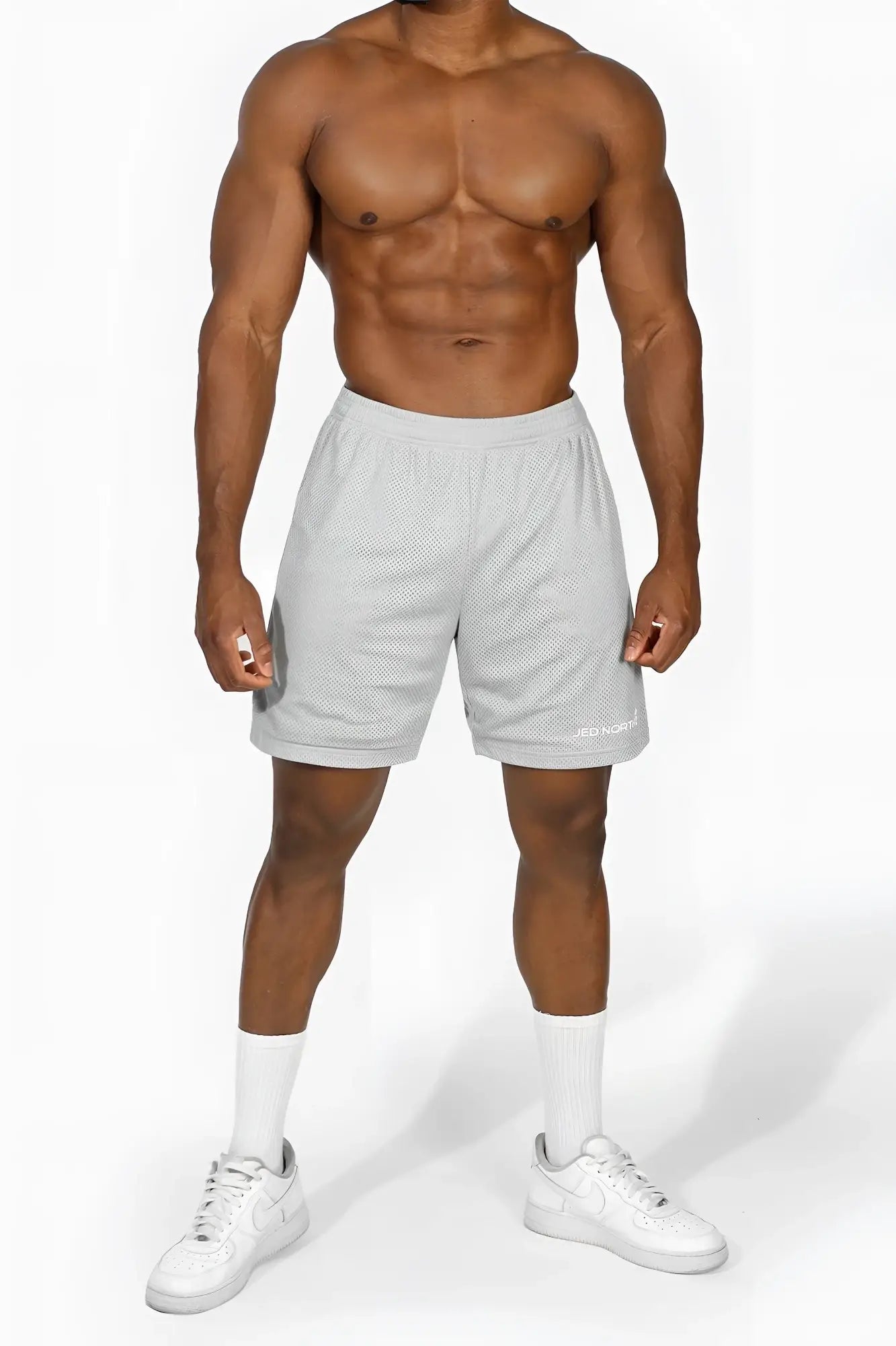 Jed north jersey mesh 75 gym shorts in polar silver with light gray mesh fabric and small brand logo on the lower right leg
