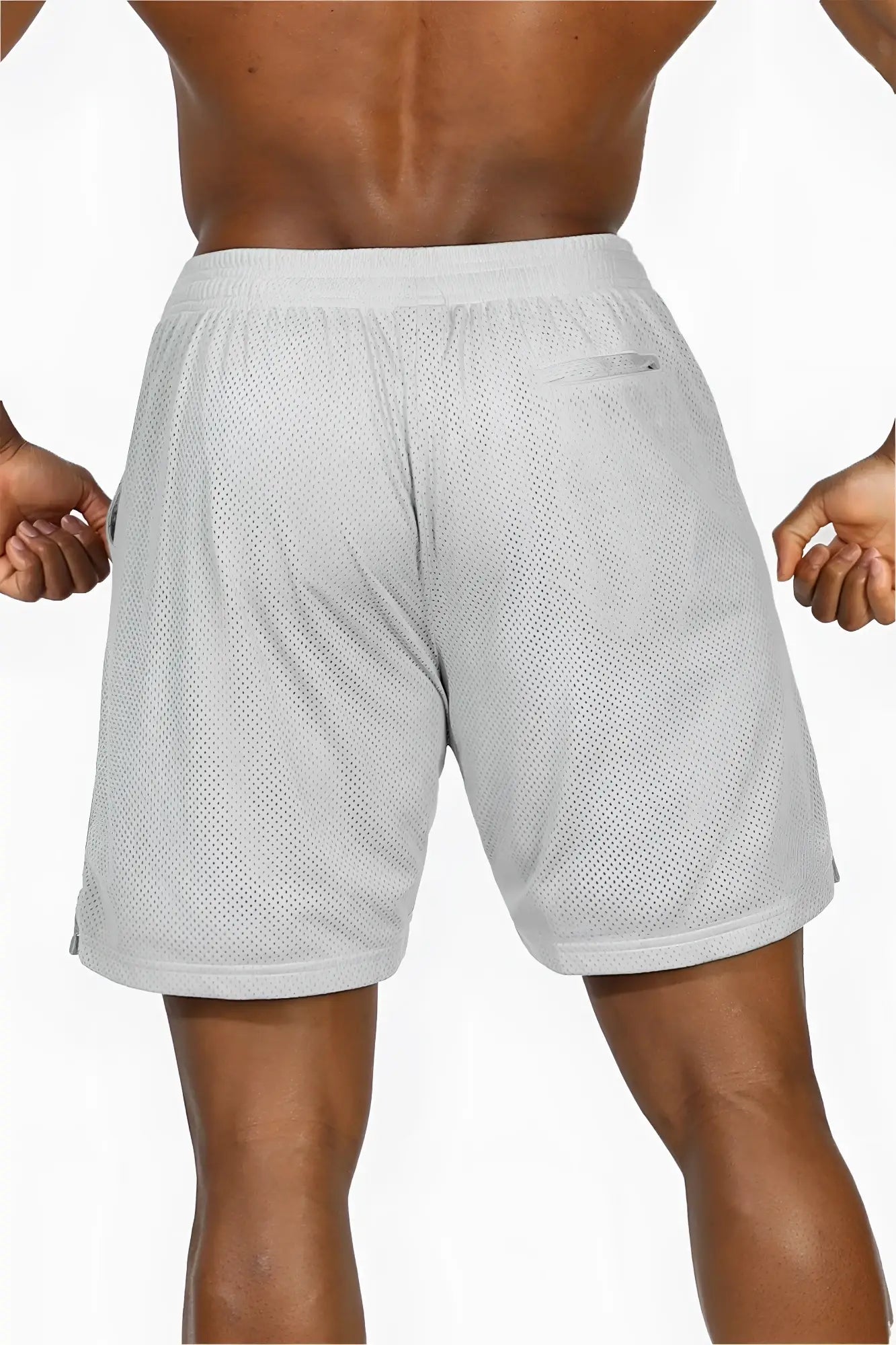 Jed North Jersey Mesh 7.5 inch gym shorts in polar silver light gray mesh with elastic waistband and subtle side pocket
