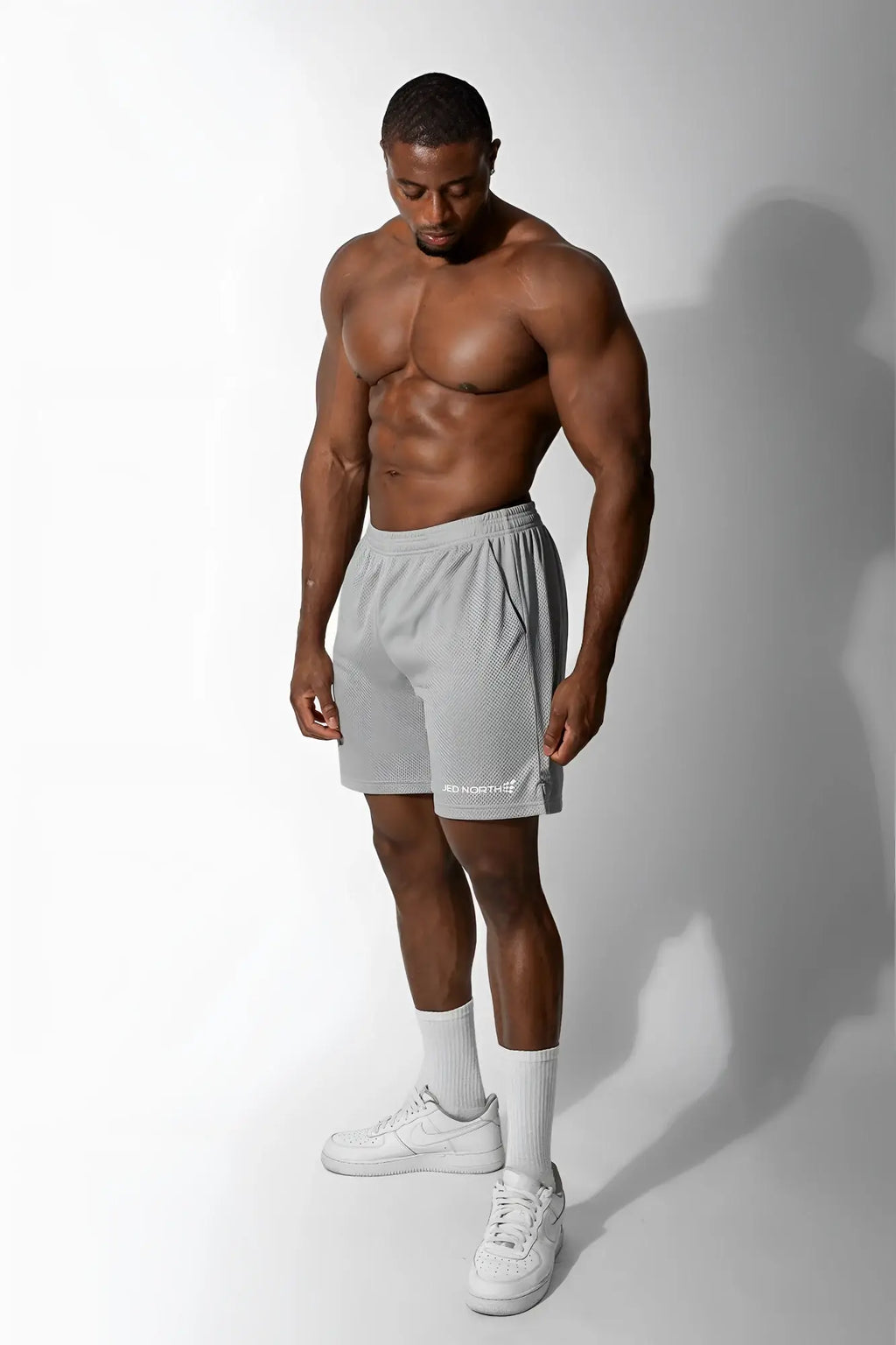 Light gray mesh athletic shorts with subtle texture and north face logo lower left leg jed north jersey mesh 7.5 gym shorts