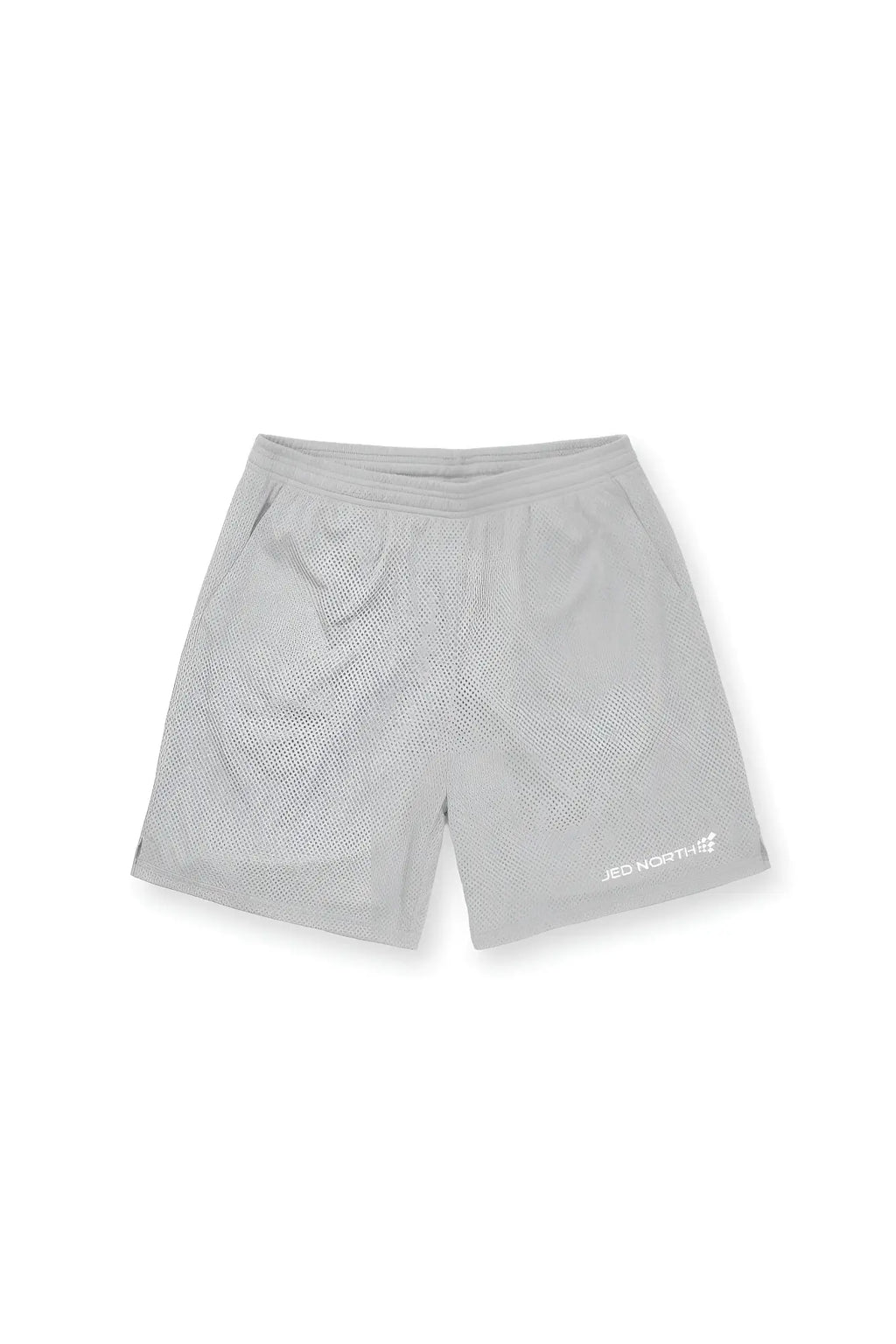Jed North jersey mesh gym shorts in polar silver feature light gray textured fabric and a small white logo on the front right leg