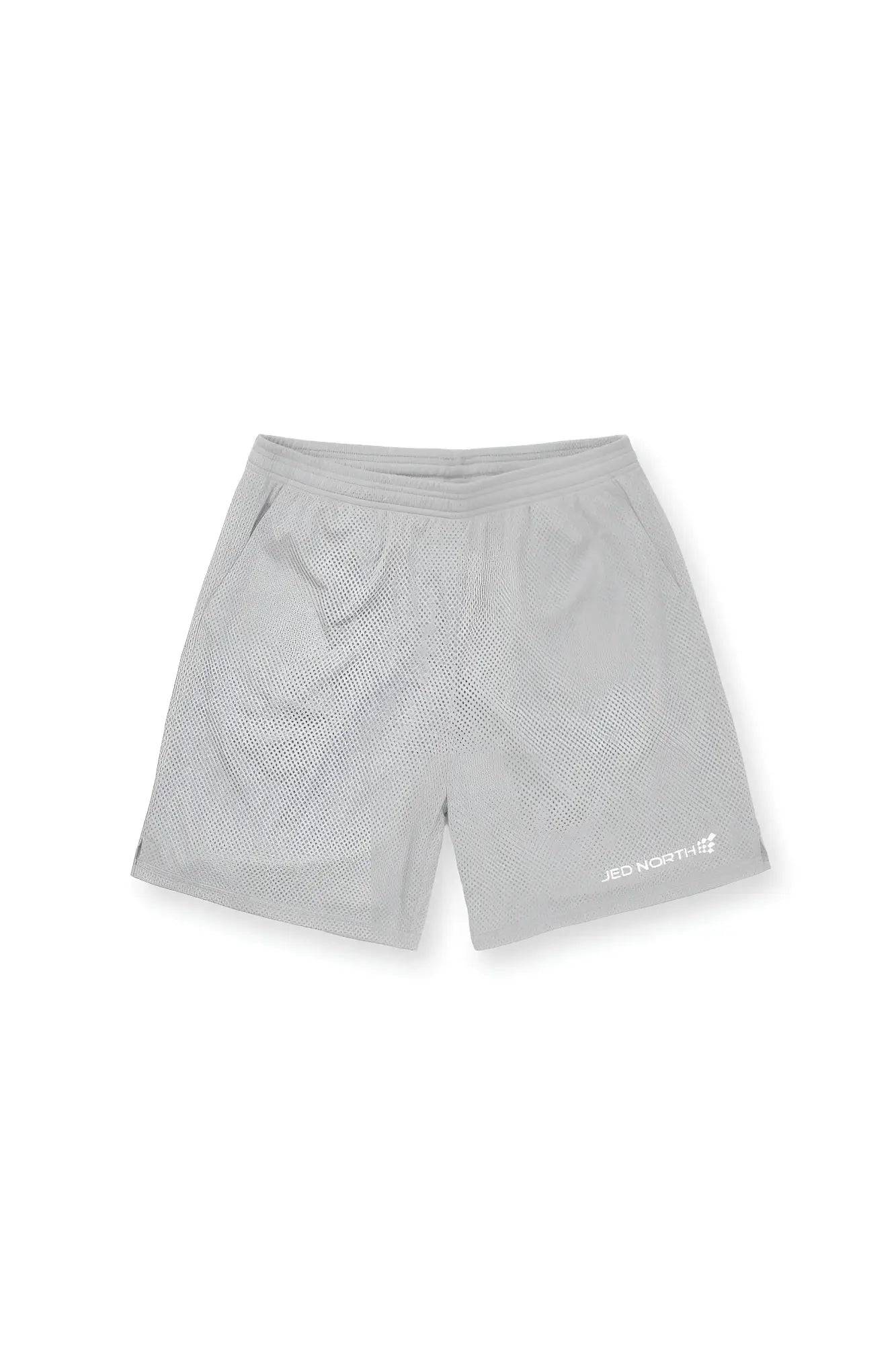 Jed North jersey mesh gym shorts in polar silver feature light gray textured fabric and a small white logo on the front right leg