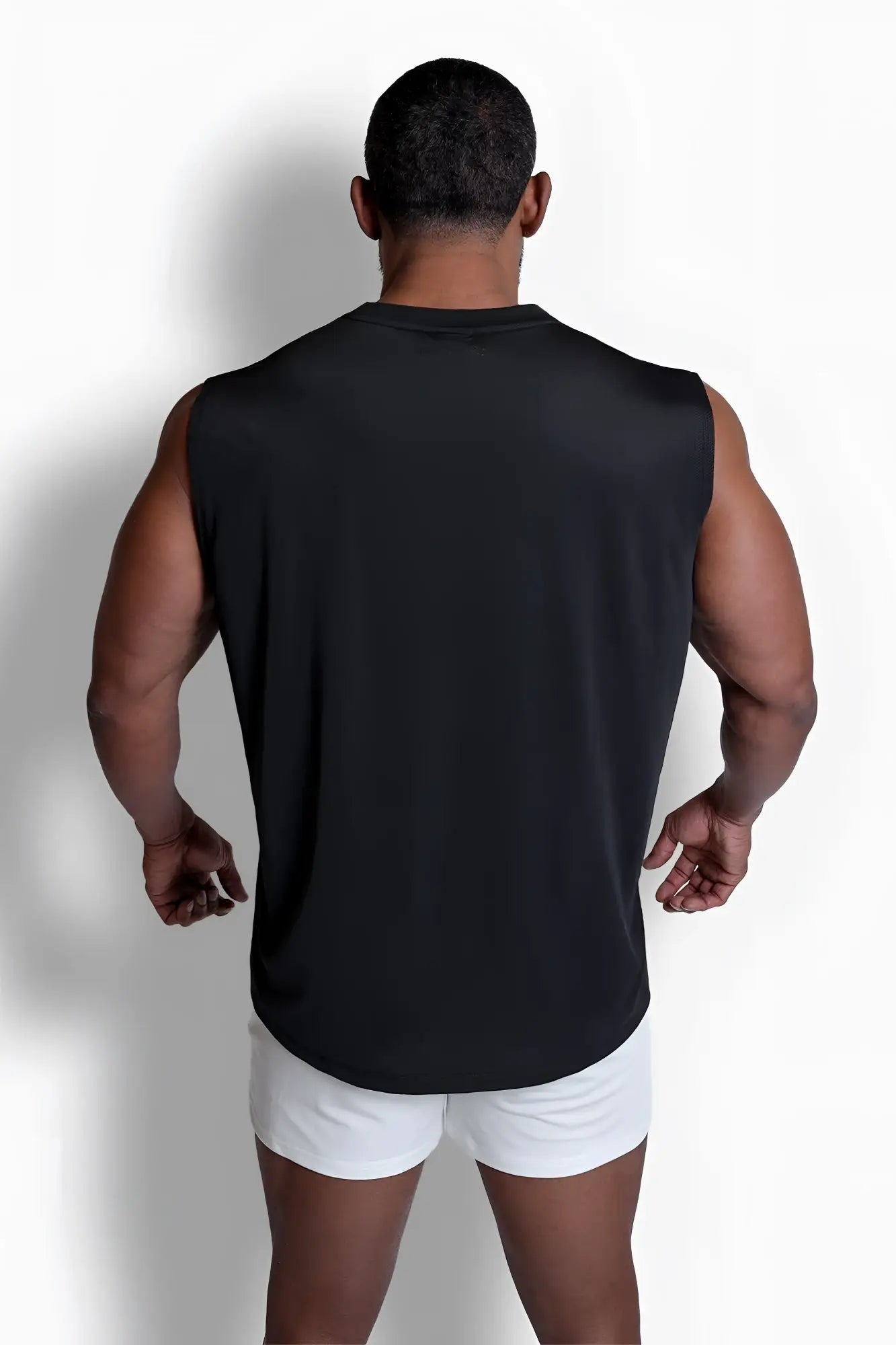 Black sleeveless athletic tank top with relaxed fit and rounded neckline designed for activewear use