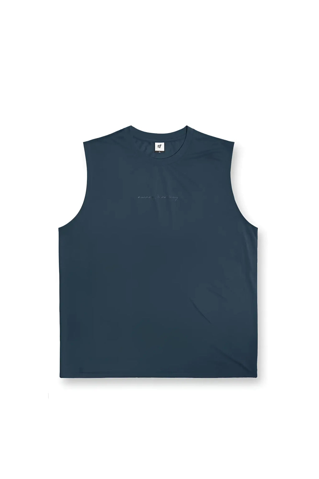 Dark teal sleeveless muscle tee with minimalist design and subtle branding at neckline for active wear