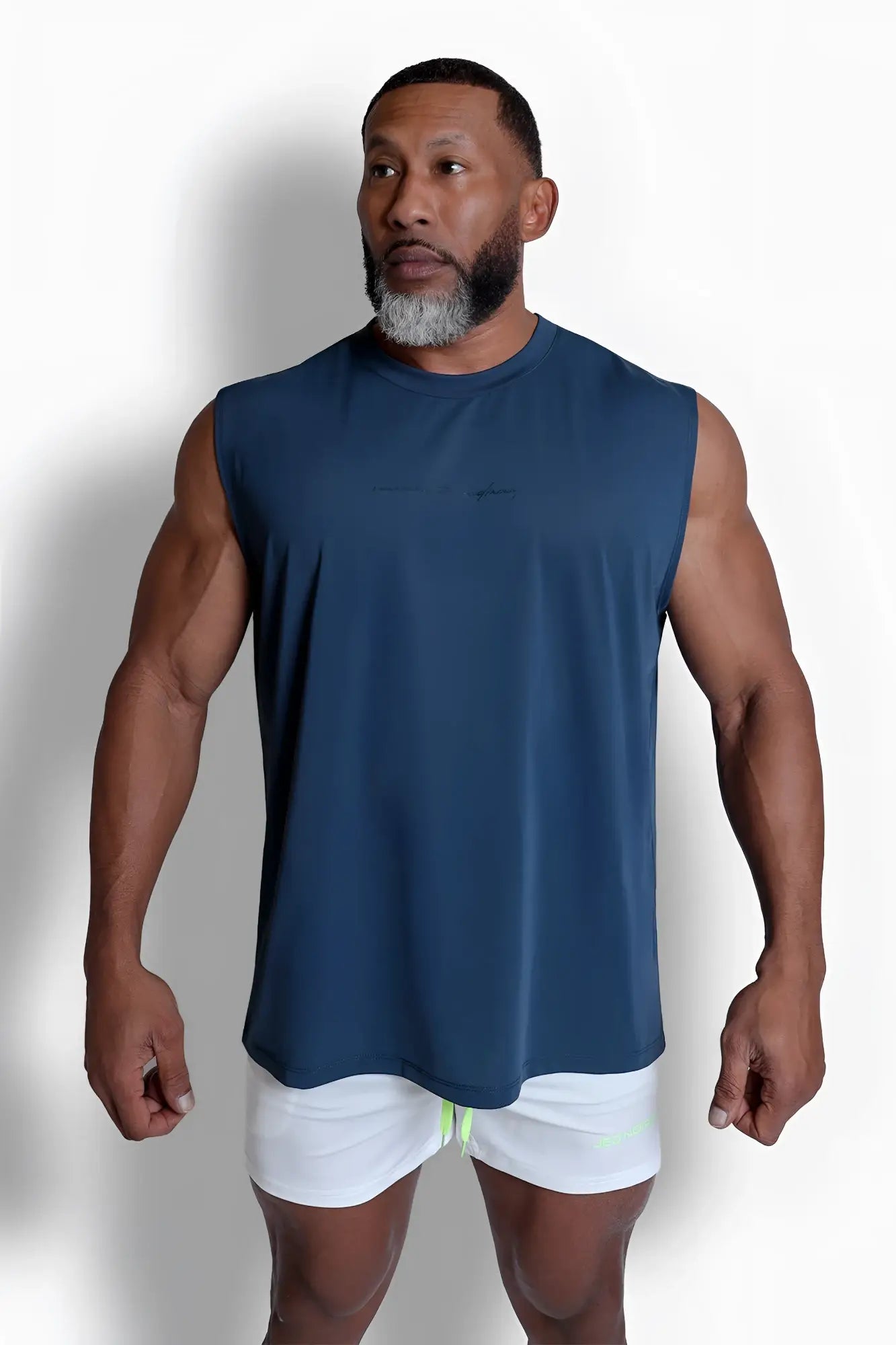 Navy blue sleeveless JN Active muscle tee made of breathable fabric for athletic performance and comfort