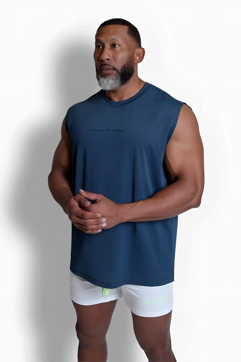 Navy blue sleeveless jn active muscle tee with subtle embroidered logo ideal for athletic workouts and casual wear