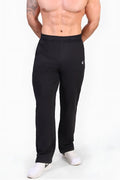 Jed North lax straight cut joggers black are black athletic sweatpants with a subtle white logo on the left thigh