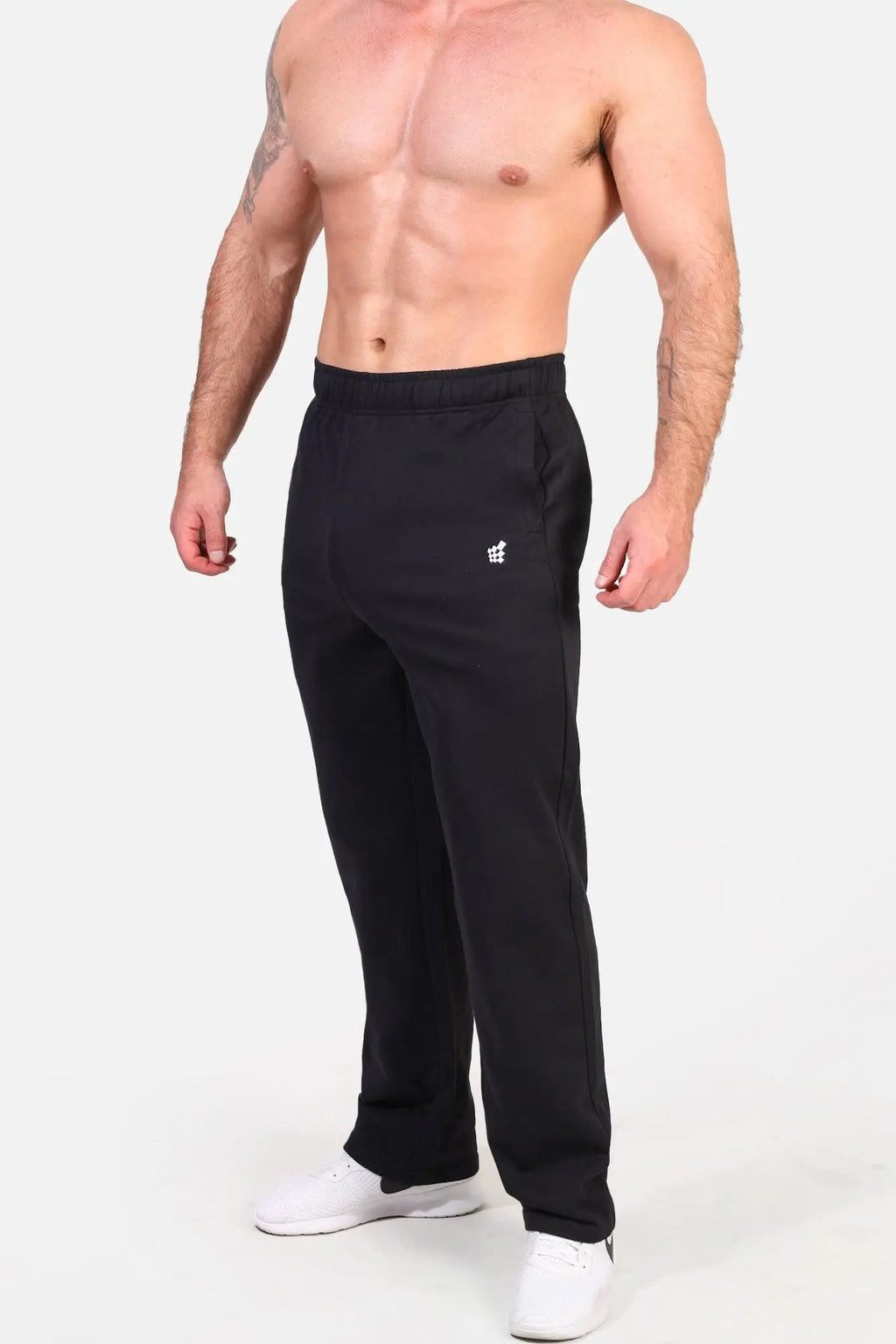 Black jed north lax straight cut joggers with a small white logo on the left thigh made from athletic fabric