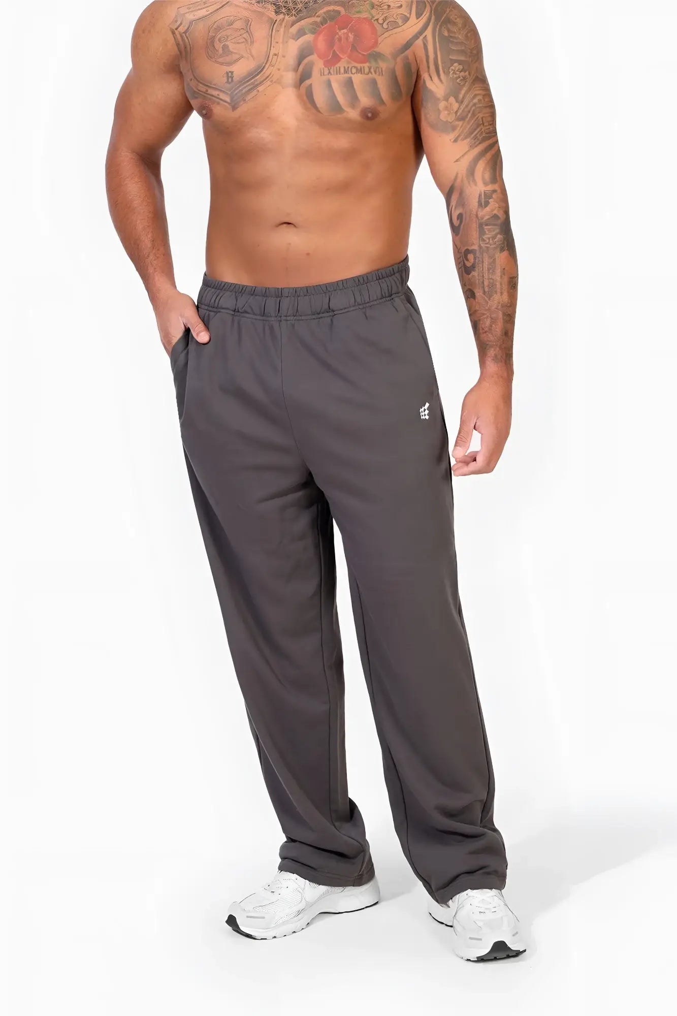 Dark gray jed north lax straight cut joggers featuring a drawstring waistband and subtle logo on the left thigh