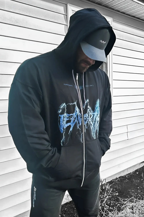 Limited edition black zip-up hoodie made of soft fabric with a blue lightning bolt graphic on the front