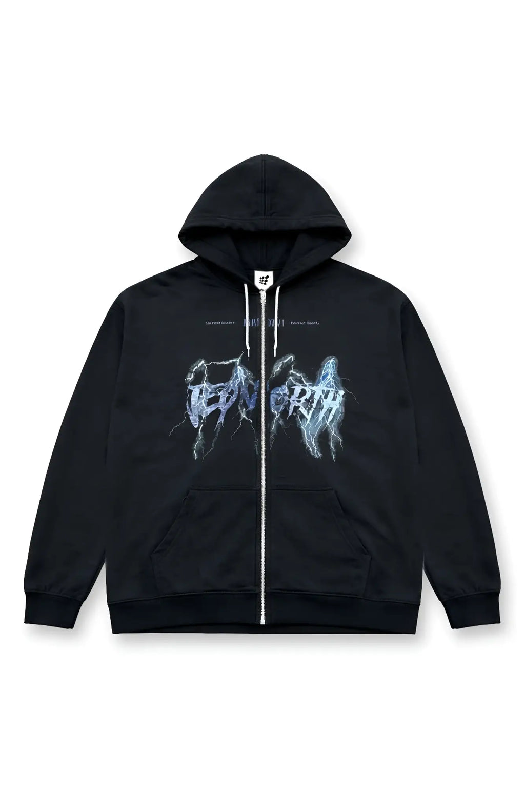 Black zip-up hoodie with blue and white lightning skull graphic and death text limited edition design