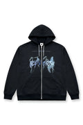 Black zip-up hoodie with blue and white lightning skull graphic and death text limited edition design