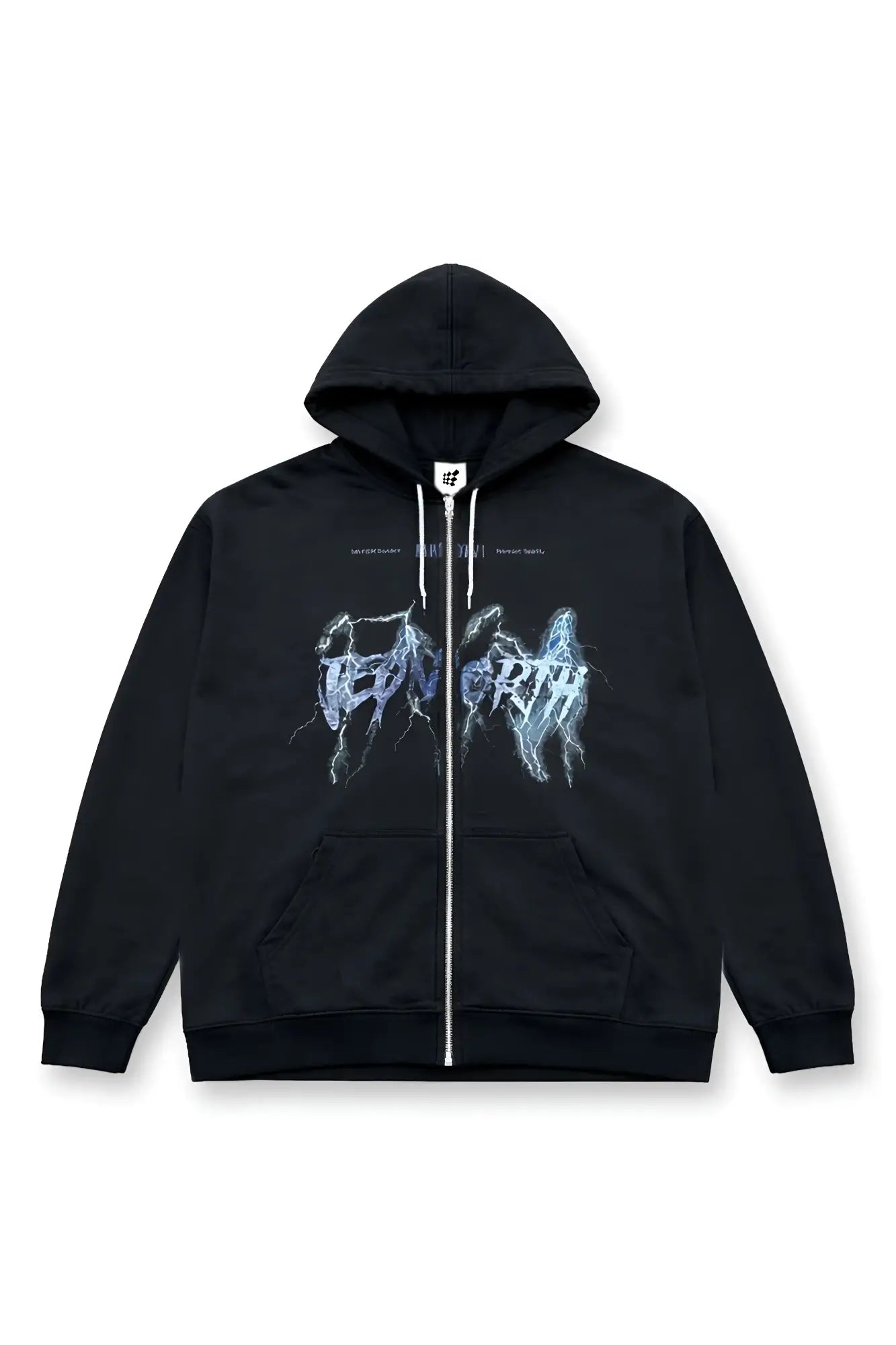 Black zip-up hoodie with blue and white lightning skull graphic and death text limited edition design