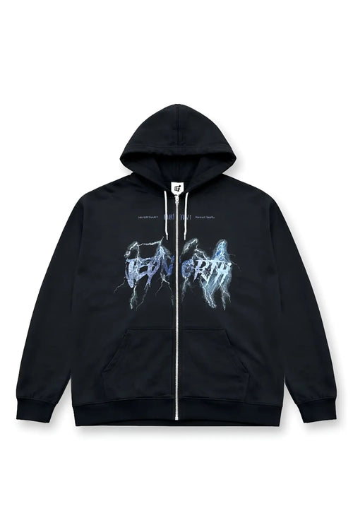 Black zip-up hoodie with blue and white lightning skull graphic and death text limited edition design