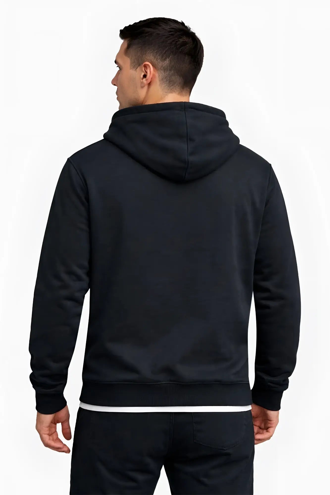 Limited edition zip-up hoodie in black with white trim at waistband shown from the back side