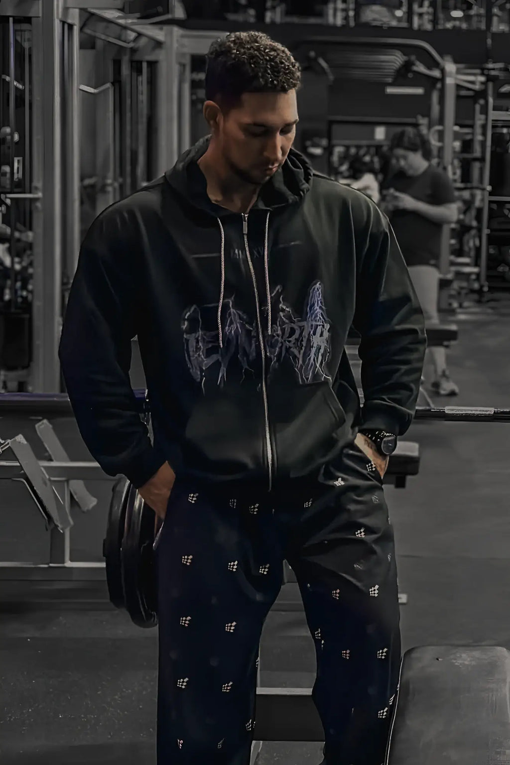 Black zip-up hoodie with white graphic print on front limited edition lightning black design cotton material