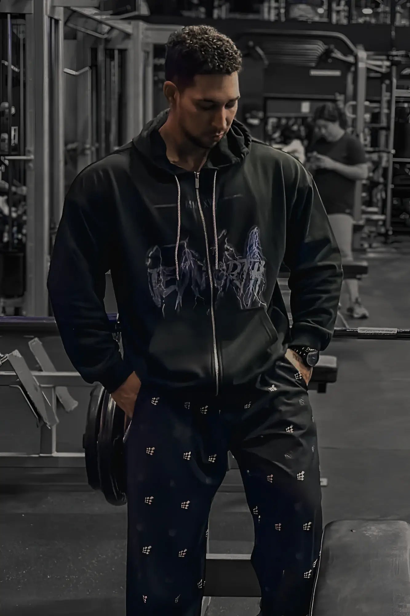 Black zip-up hoodie with white graphic print on front limited edition lightning black design cotton material