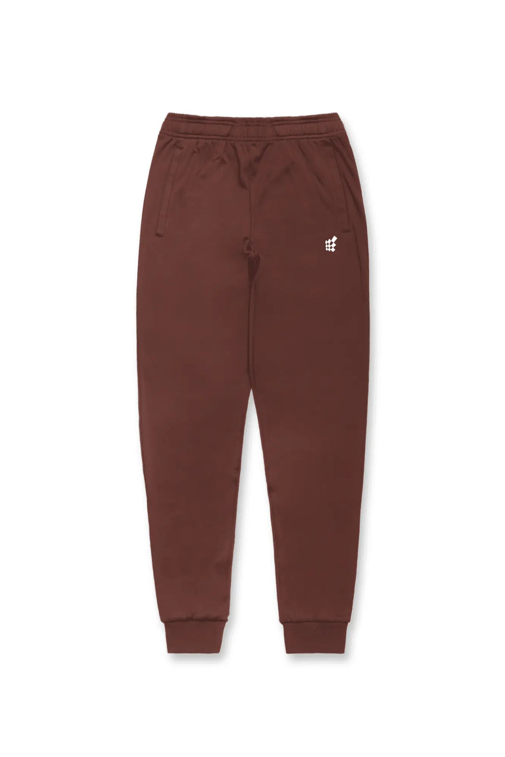 Jed north matrix tapered joggers in brown with a subtle white logo on the thigh made from comfortable fabric