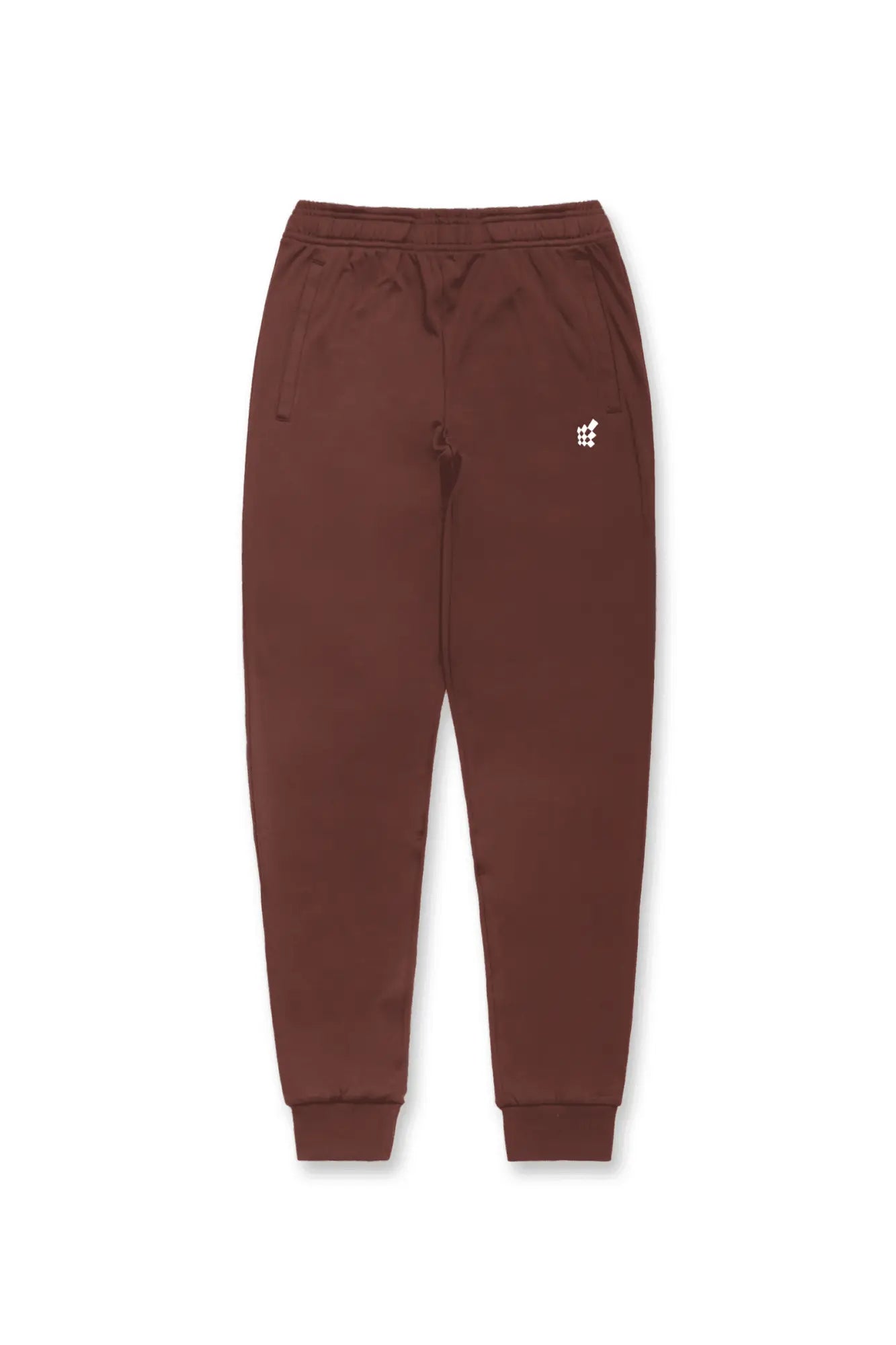 Jed north matrix tapered joggers in brown with a subtle white logo on the thigh made from comfortable fabric