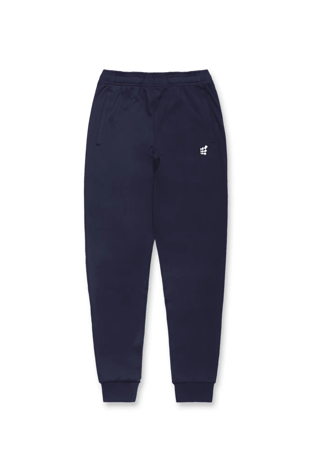 Navy blue Jed North Matrix tapered joggers with a small white logo on the left thigh made from soft fabric