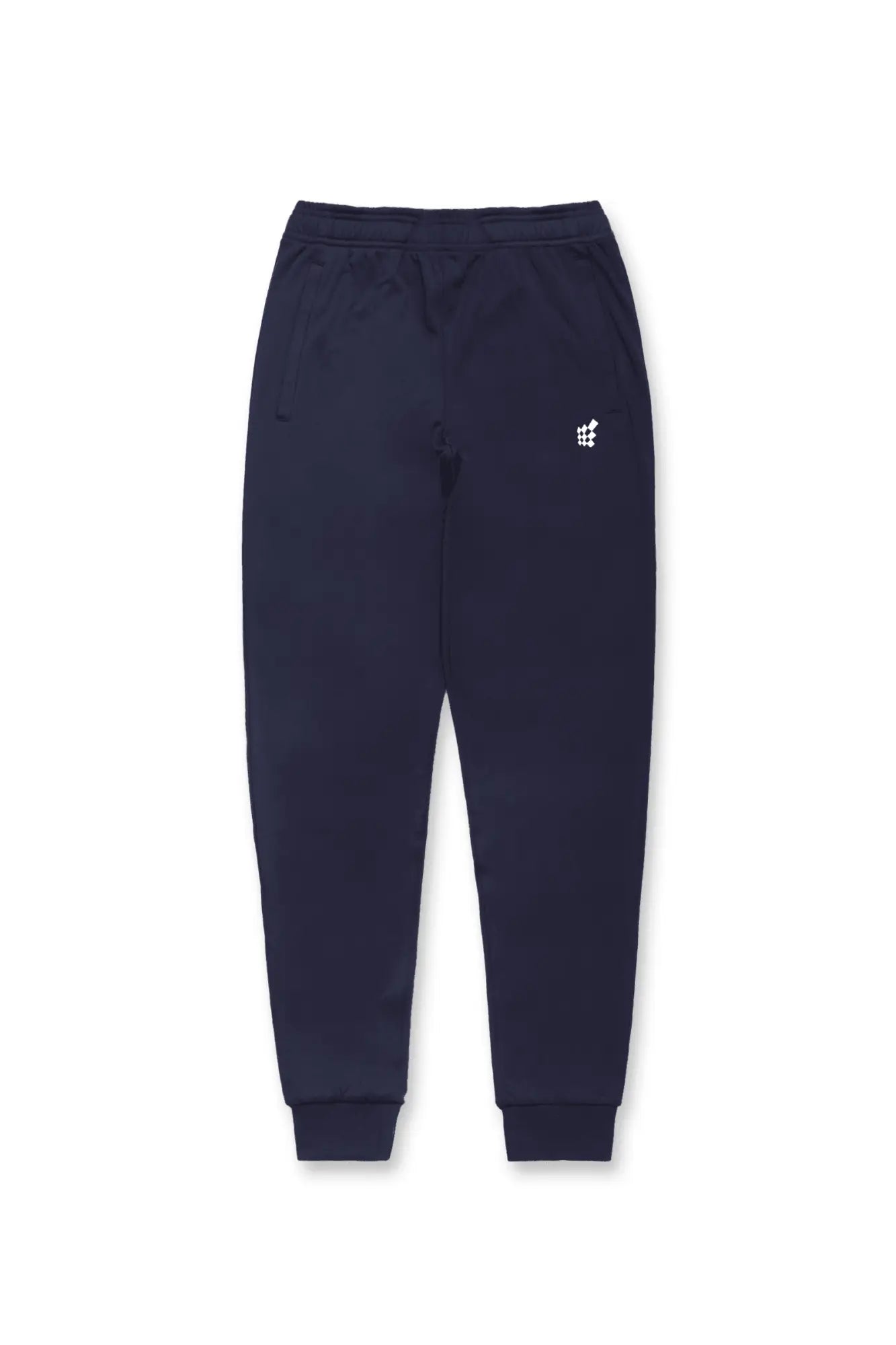 Navy blue Jed North Matrix tapered joggers with a small white logo on the left thigh made from soft fabric