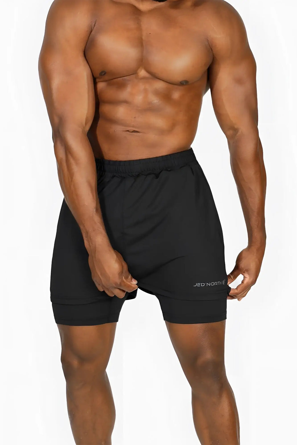 Jed North men’s 2-in-1 obsidian black gym shorts with double-layer design and elastic waistband featuring logo