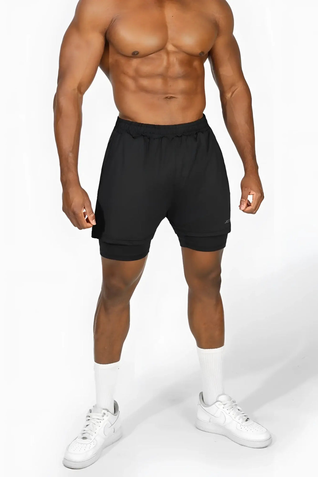 Jed north men’s 2-in-1 gym shorts in obsidian black with double-layer design and elastic waistband for athletic use