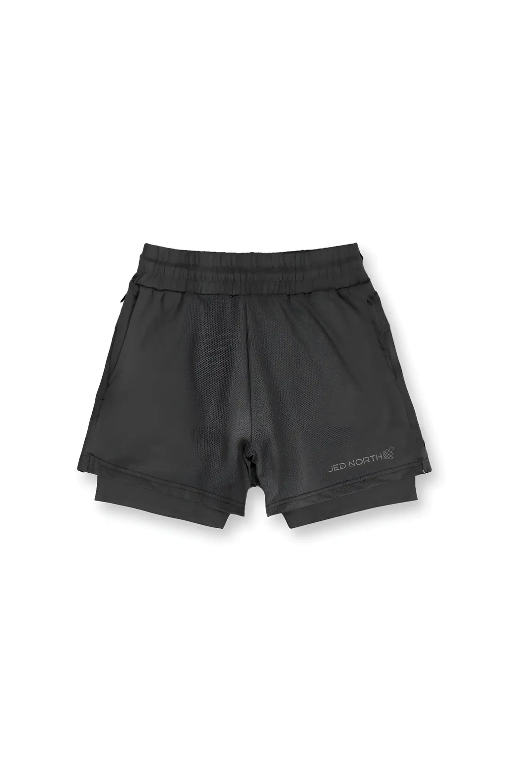 Jed North men’s 2-in-1 obsidian black gym shorts with elastic waistband and subtle logo on lower right leg