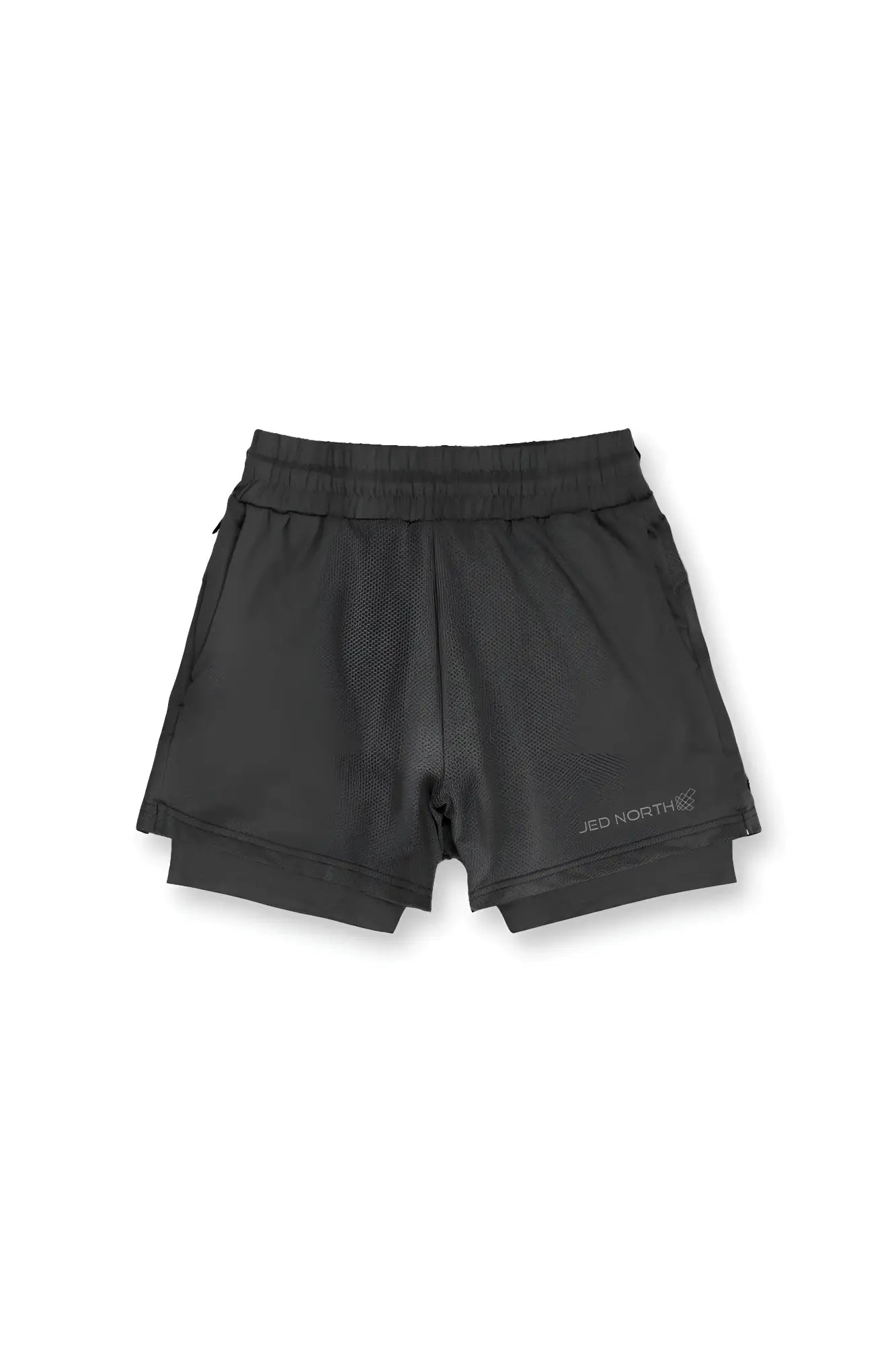 Jed North men’s 2-in-1 obsidian black gym shorts with elastic waistband and subtle logo on lower right leg
