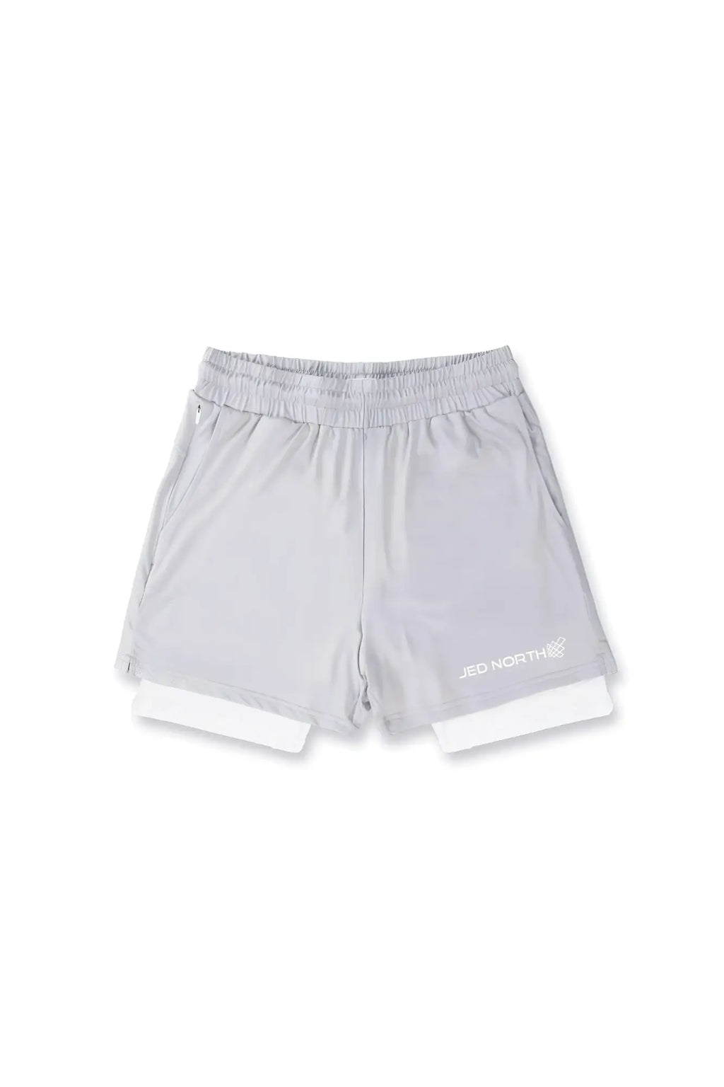 Jed North men’s 2-in-1 7 inch supernova silver gym shorts with white lining elastic waistband and logo on lower right leg