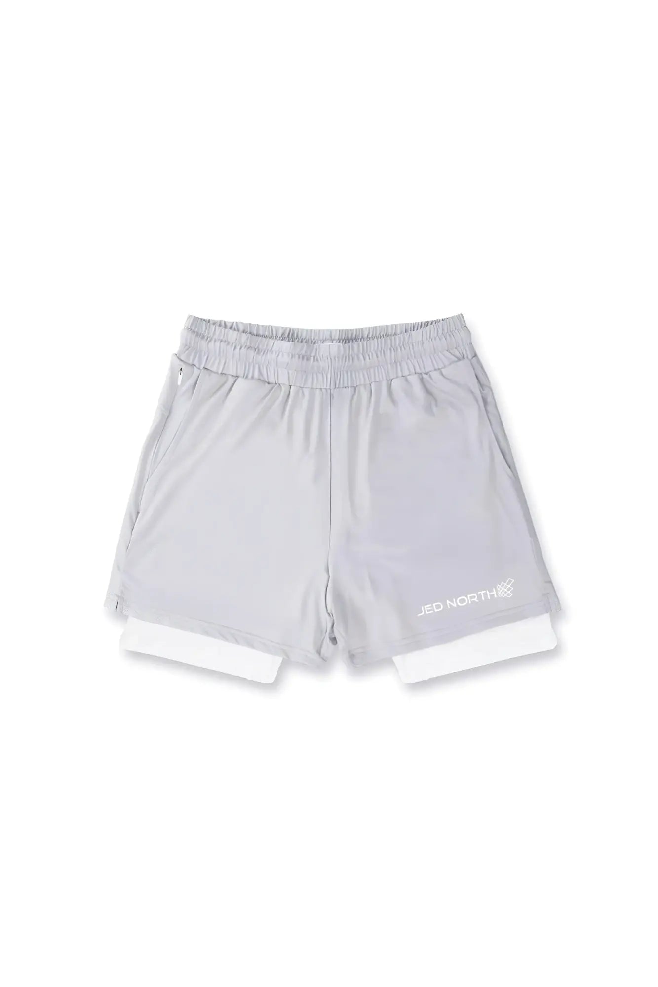 Jed North men’s 2-in-1 7 inch supernova silver gym shorts with white lining elastic waistband and logo on lower right leg