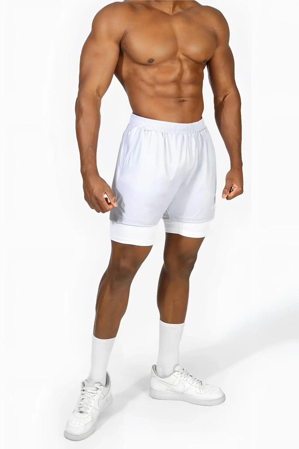 Jed north men’s white 2-in-1 athletic shorts with layered design and elastic waistband for gym use