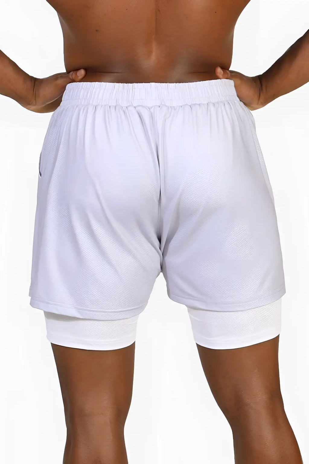 Jed North men’s 2-in-1 supernova silver gym shorts with white mesh fabric, elastic waistband, and inner comfort layer