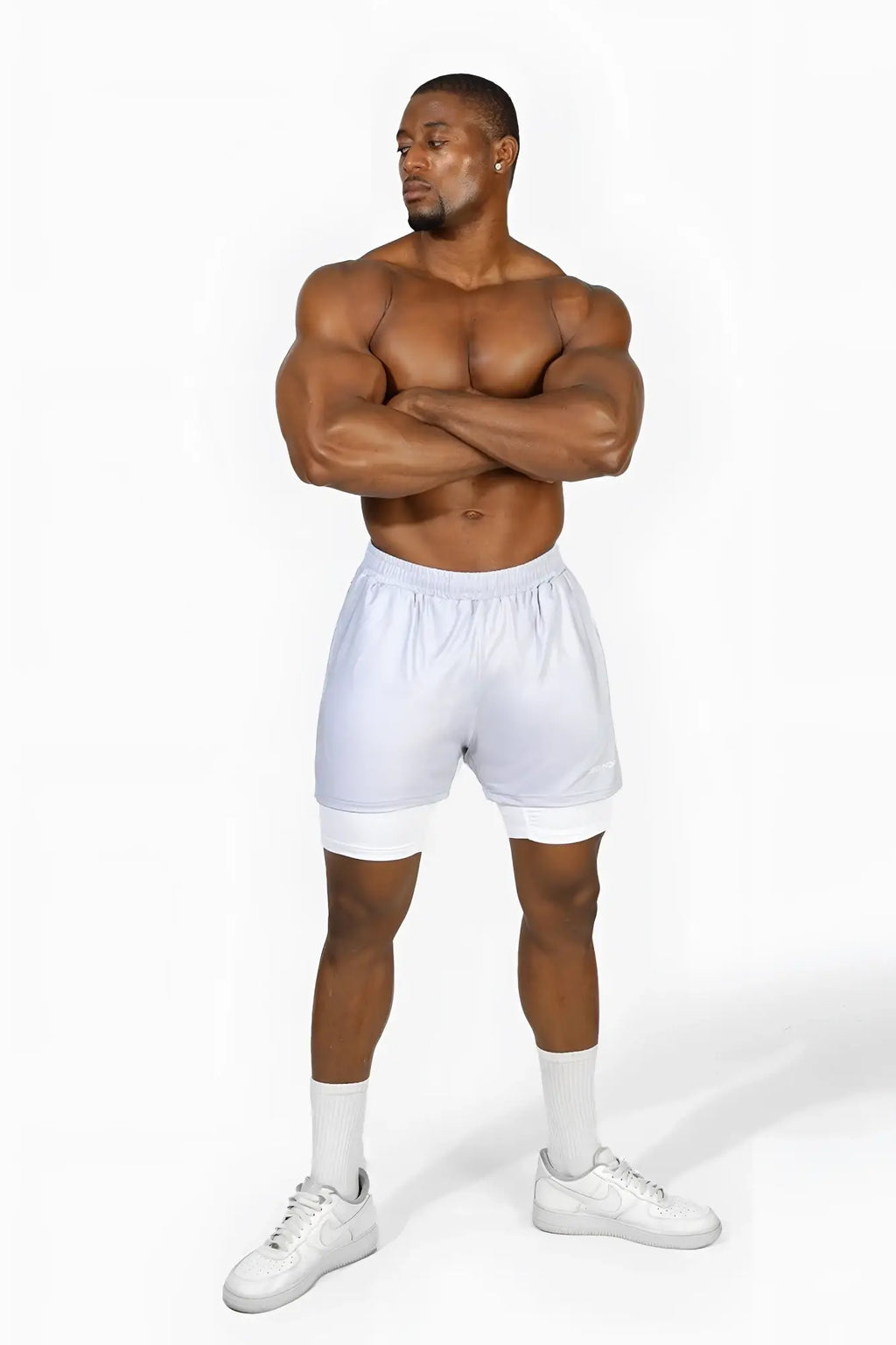 Jed North men’s 2-in-1 gym shorts in supernova silver with two-tone white design and elastic waistband for athletic use