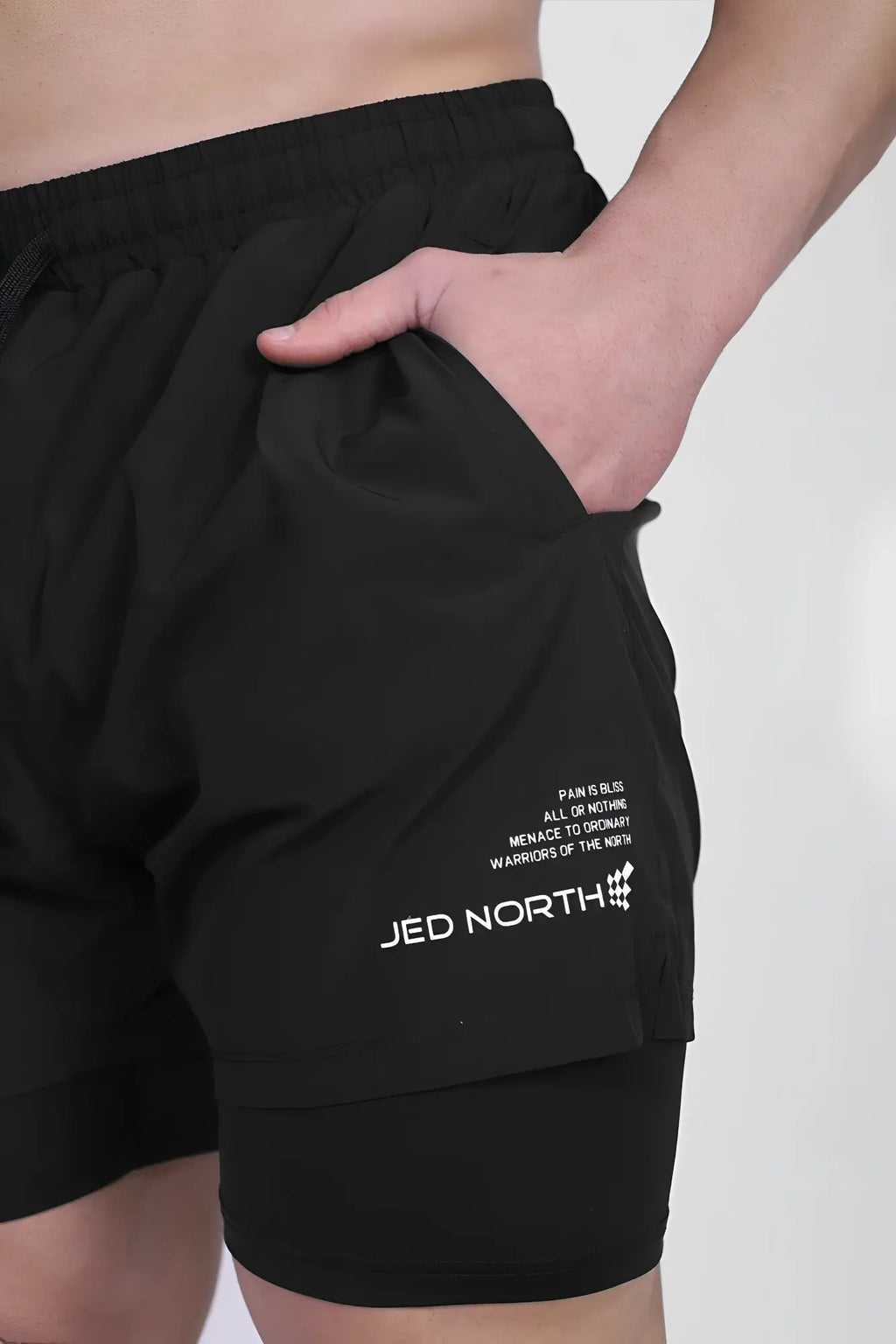 Black jed north mens 2 in 1 active 5 inch training shorts 2 0 with white logo and text on the side in charcoal