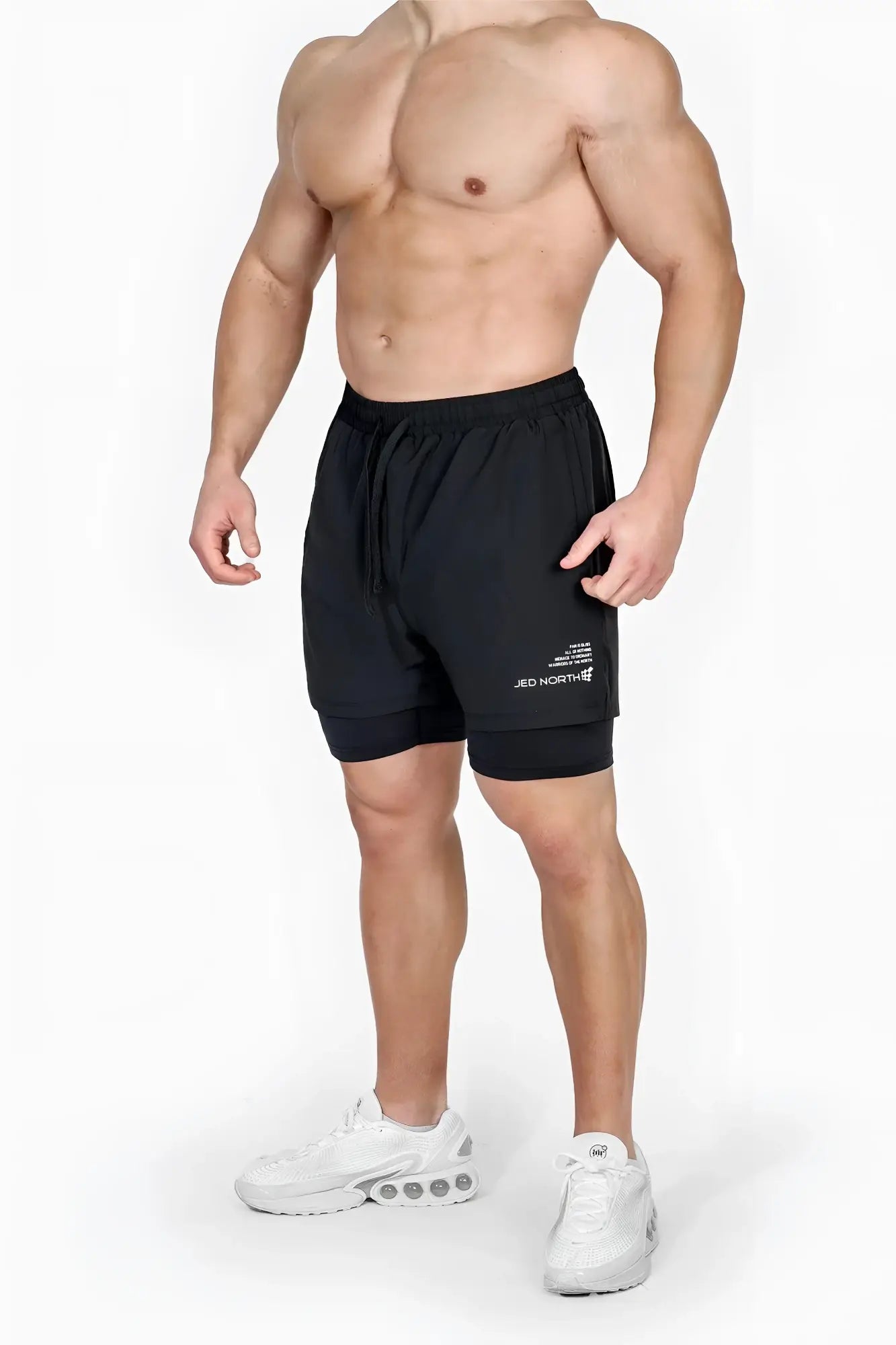 Black dual-layer charcoal jed north mens 2-in-1 active 5 inch training shorts with drawstring waistband and white logo