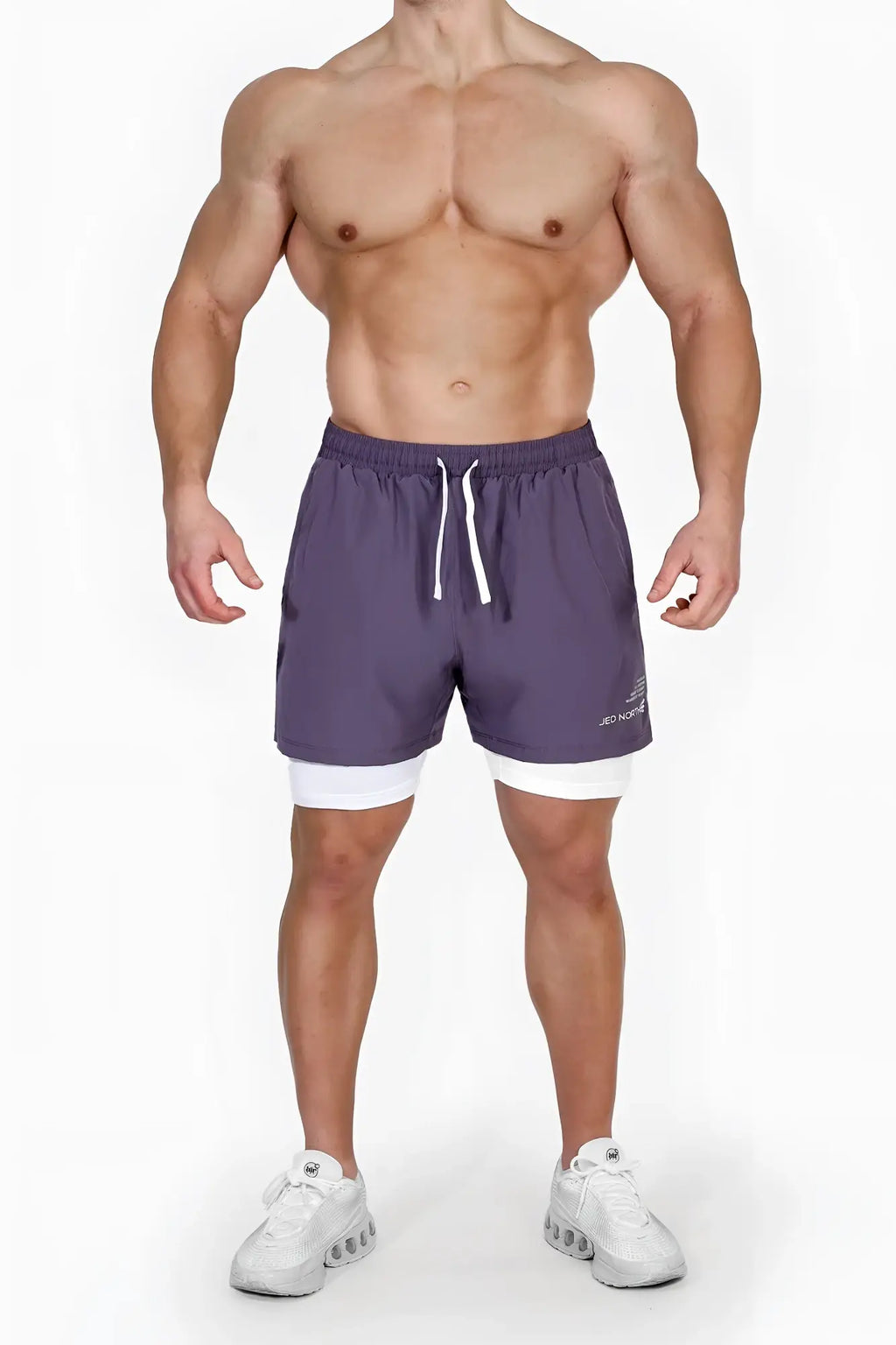 Jed North men’s 2-in-1 active 5 inch training shorts 2.0 in dark plum with white inner layer and matching drawstring