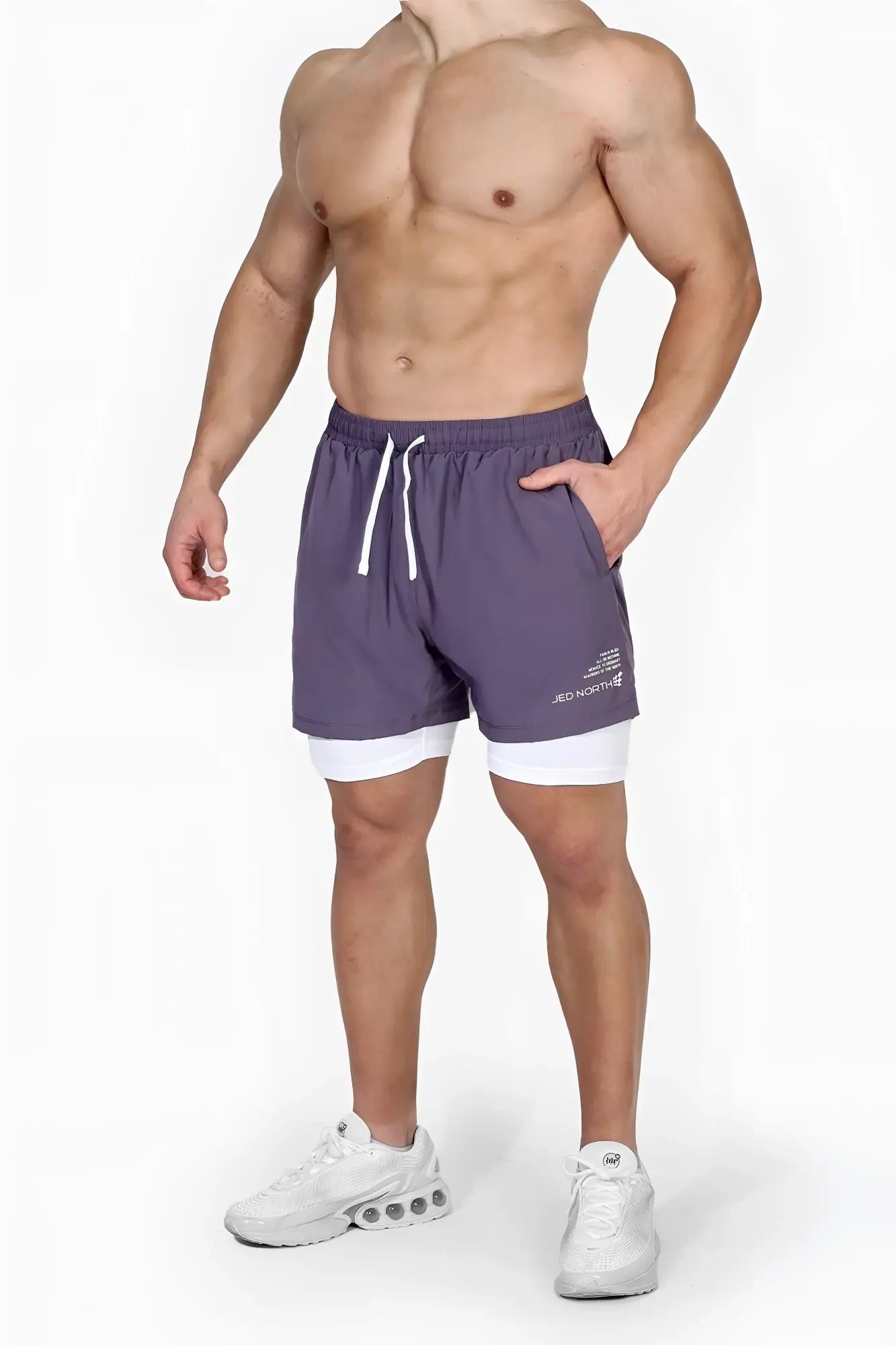 Jed north men’s 2-in-1 active 5 inch training shorts 2.0 in dark plum featuring purple and white two-layer design with drawstring waistband