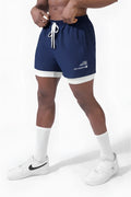 Jed North men’s 2-in-1 active 5 inch navy training shorts with white drawstring trim and subtle logo on lower leg