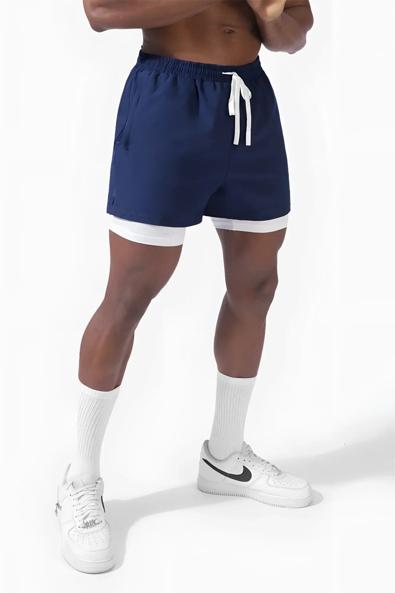 Navy blue jed north men’s 2-in-1 active 5 inch training shorts 2.0 with white trim and drawstring for workouts