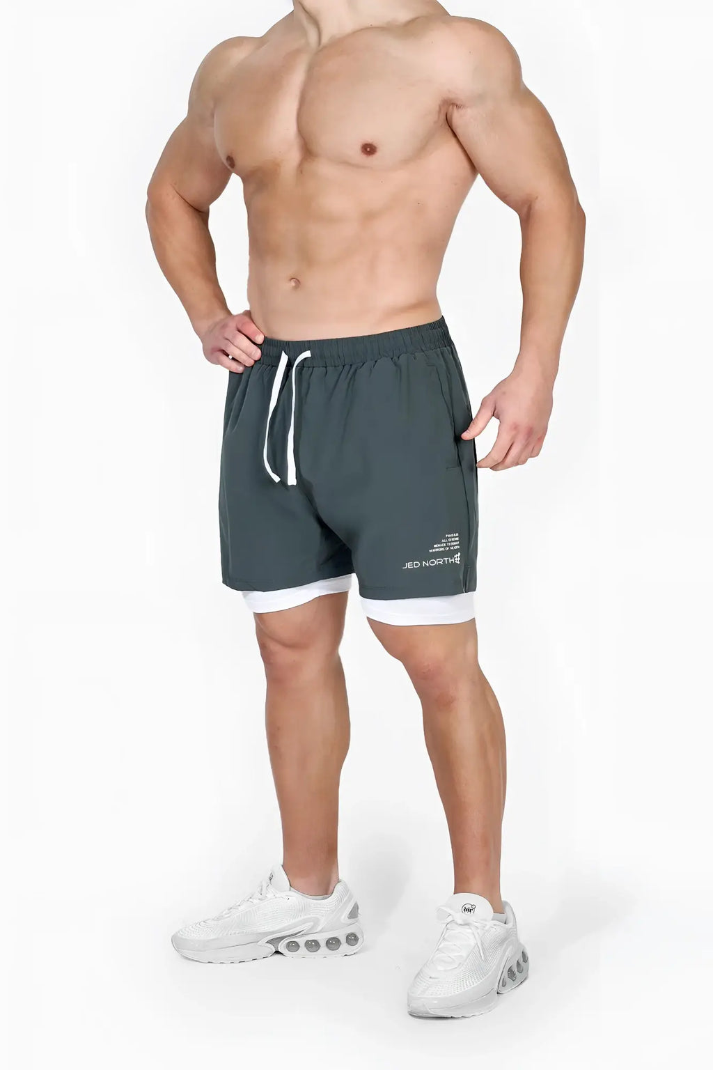 Jed North men’s 2-in-1 olive green athletic shorts with white drawstrings and subtle branding for training use