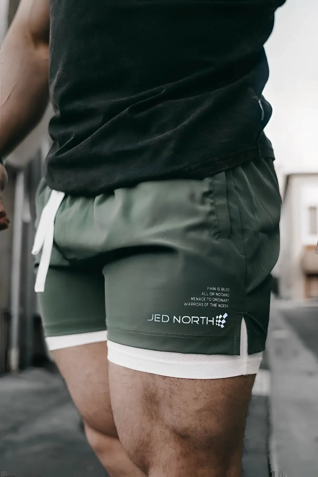 Jed north men’s 2-in-1 active 5 inch olive green double-layered training shorts with white trim and side logo