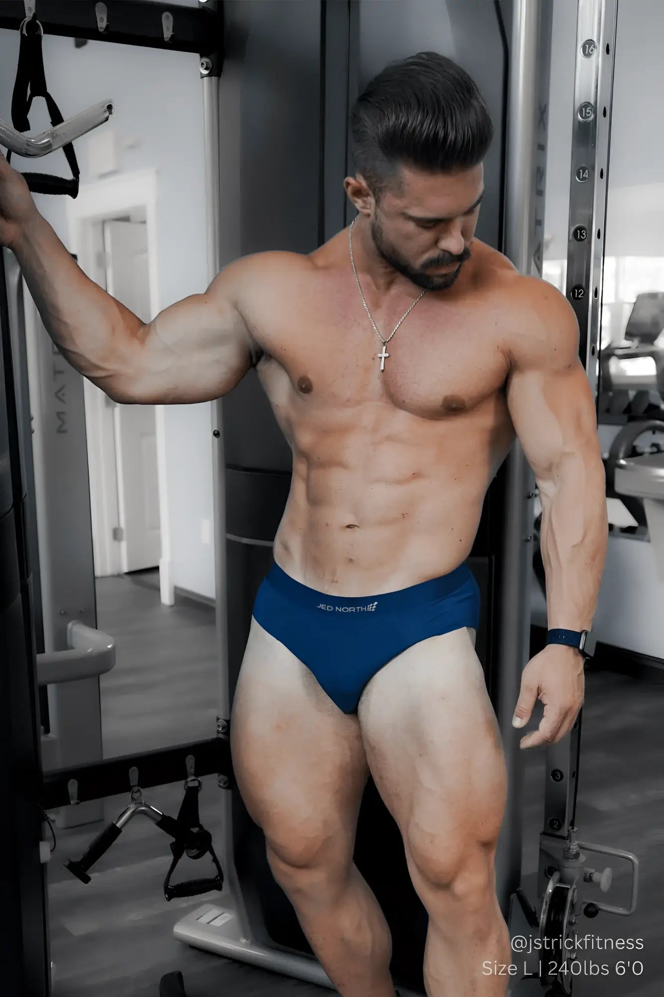 Jed North men’s athletic seamless briefs 2-pack in navy featuring blue seamless fabric with subtle white logo front