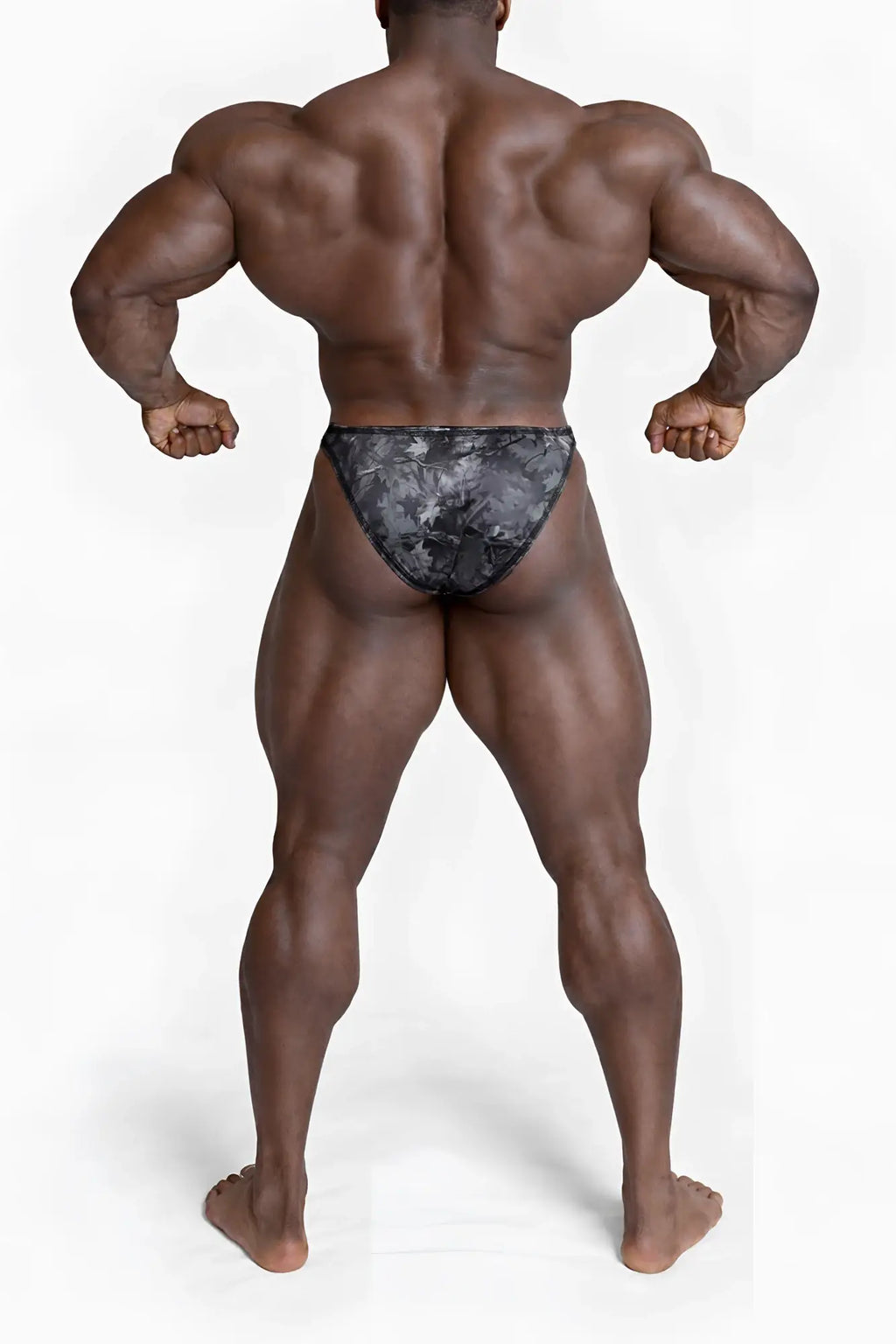 Men’s bodybuilding posing trunks in black and gray camouflage pattern designed for competition use