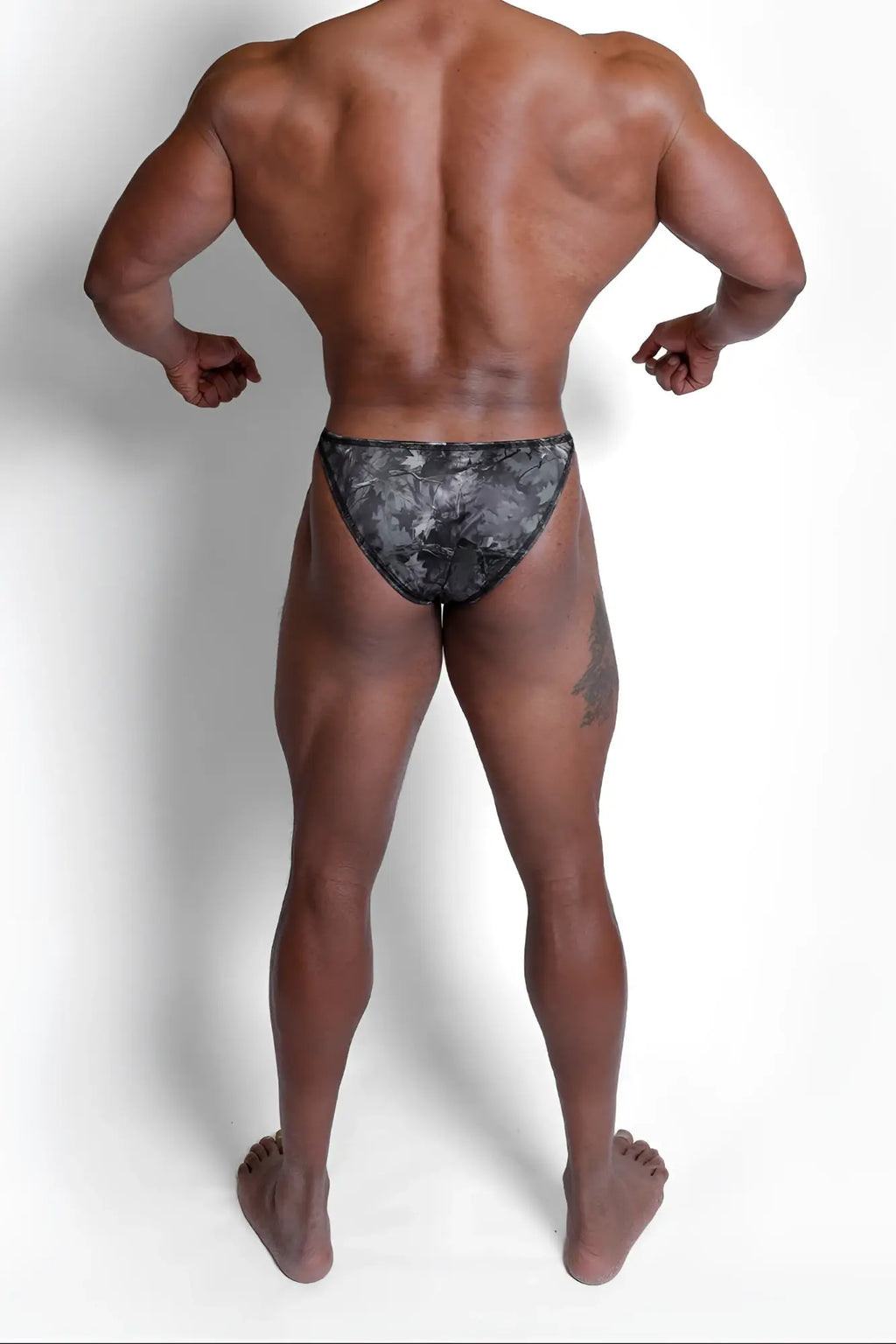 Men’s bodybuilding posing trunks camo with black and gray floral pattern briefs front view