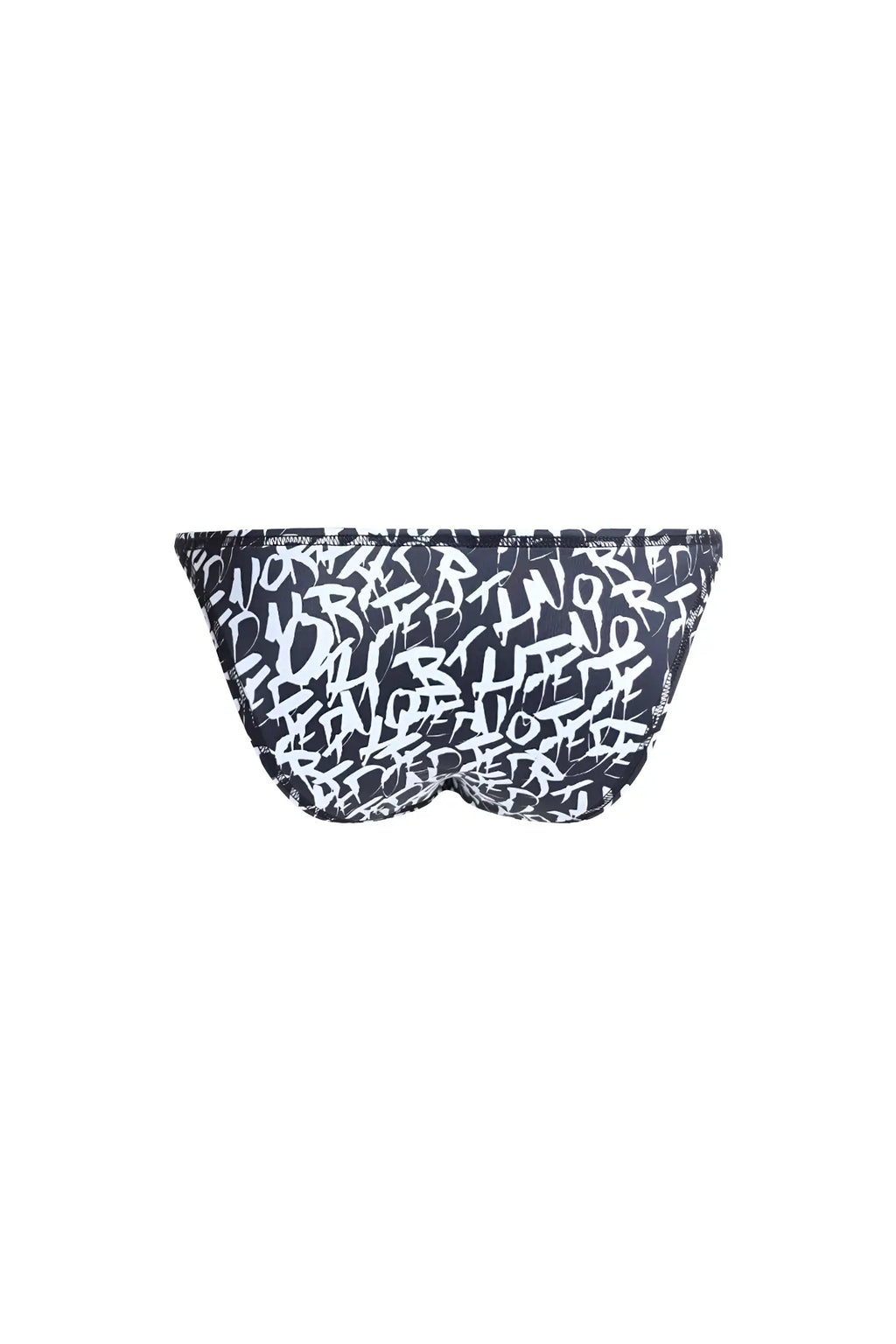 Mens bodybuilding posing trunks chaotic with bold white graffiti style lettering on black bikini bottom visible from back side